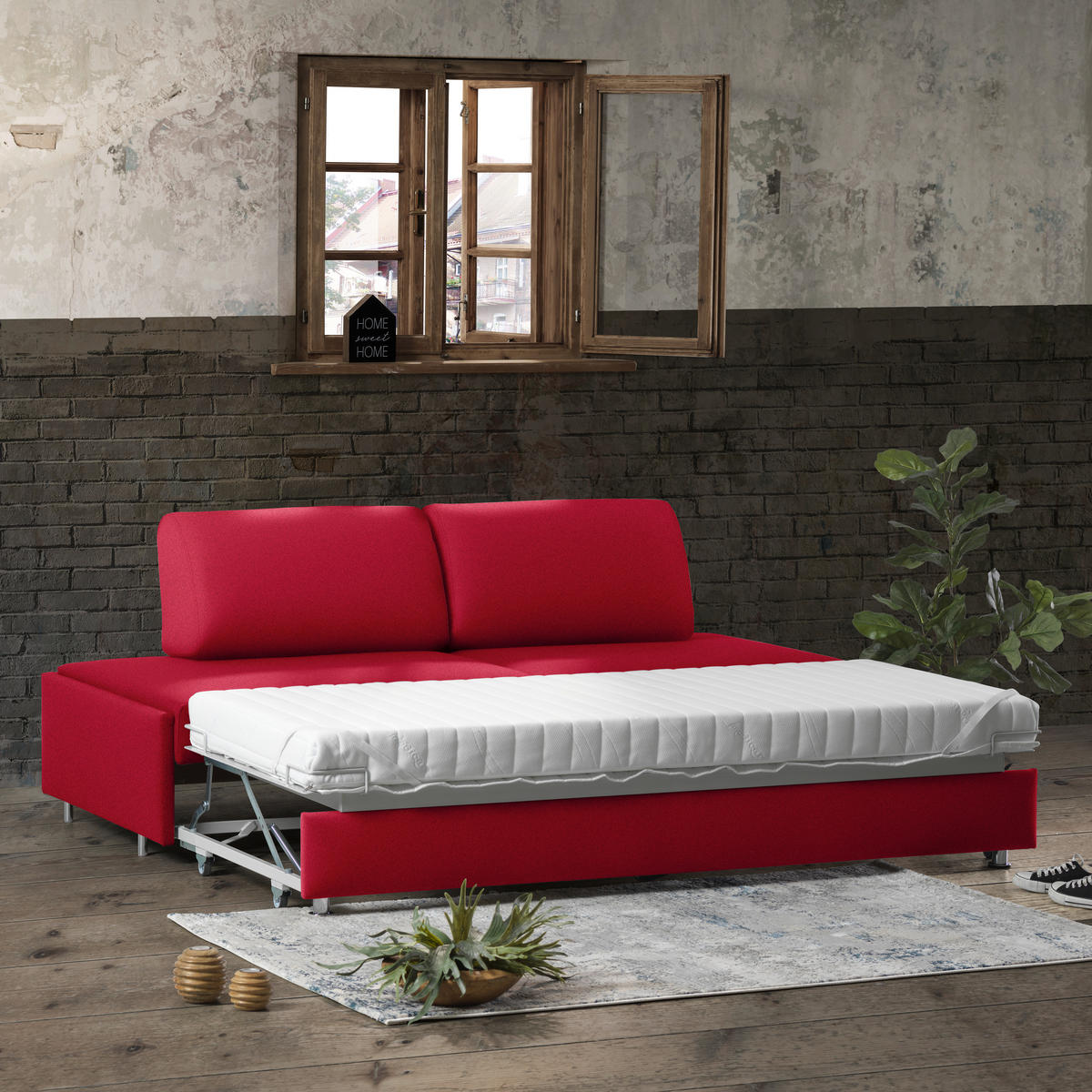 SCHLAFSOFA in Textil Rot  - Chromfarben/Rot, Design, Textil/Metall (212/84/100cm) - Bali