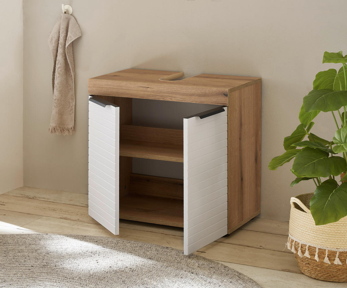 SKŘÍŇKA POD UMYVADLO, bílá, barvy dubu, 60/56/34 cm - bílá/černá, Basics, kompozitní dřevo/plast (60/56/34cm) - MID.YOU