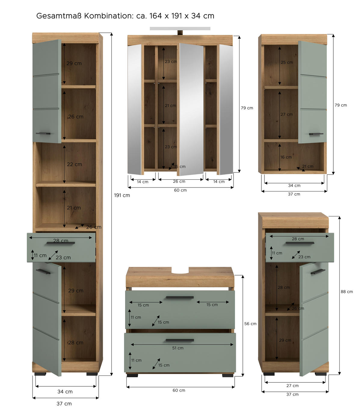 BADEZIMMER 5-teilig  in 134 cm  - Salbeigrün/Schwarz, MODERN, Glas/Holzwerkstoff (134cm) - MID.YOU
