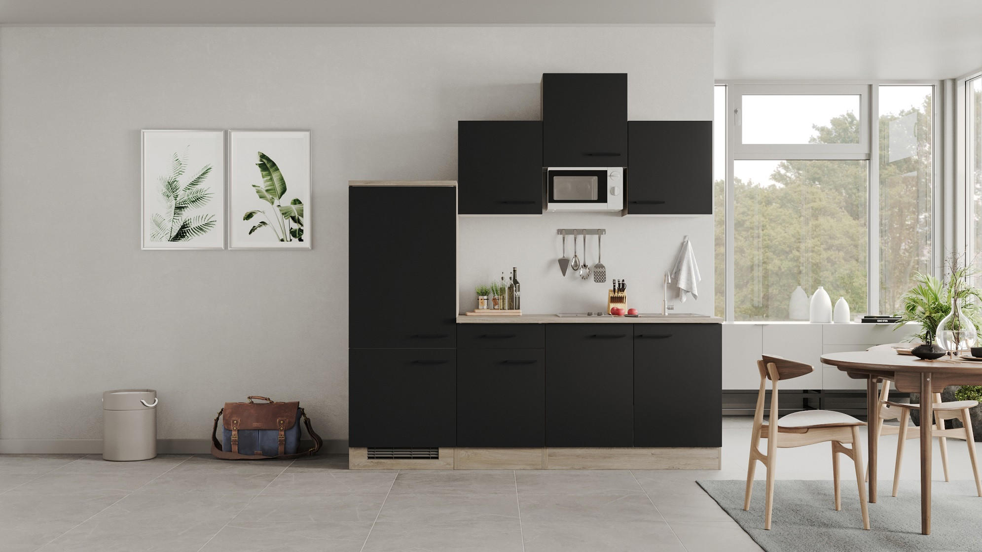 FlexWell Küchenblock Schwarz, Eiche 210 cm