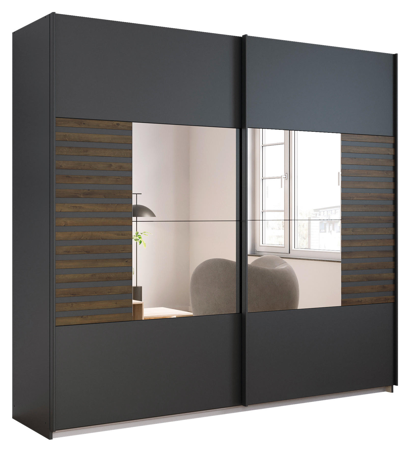 SCHWEBETÜRENSCHRANK in Dunkelgrau, Eiche dunkel  - Eiche dunkel/Dunkelgrau, Modern, Holzwerkstoff/Metall (226/210/62cm) - Rauch Möbel