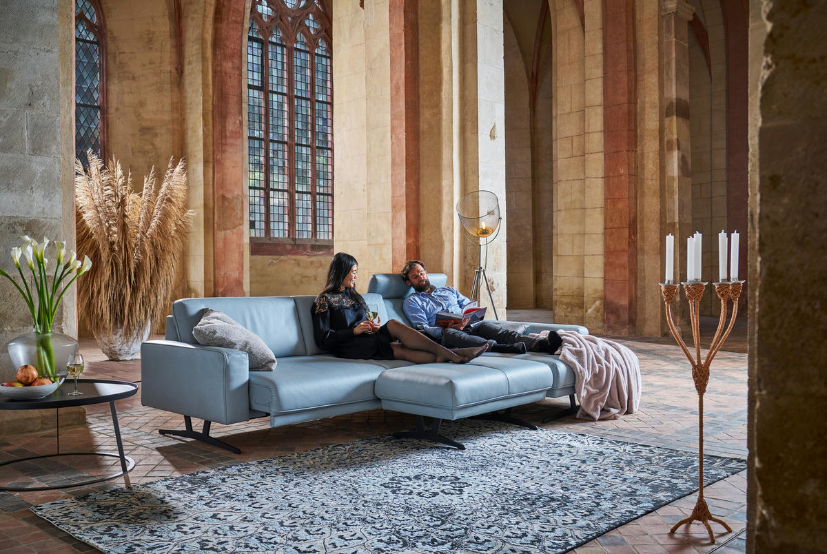 ECKSOFA in Echtleder Hellblau  324/179 cm  - Anthrazit/Hellblau, KONVENTIONELL, Leder/Metall (324/179cm) - Johann Jakob