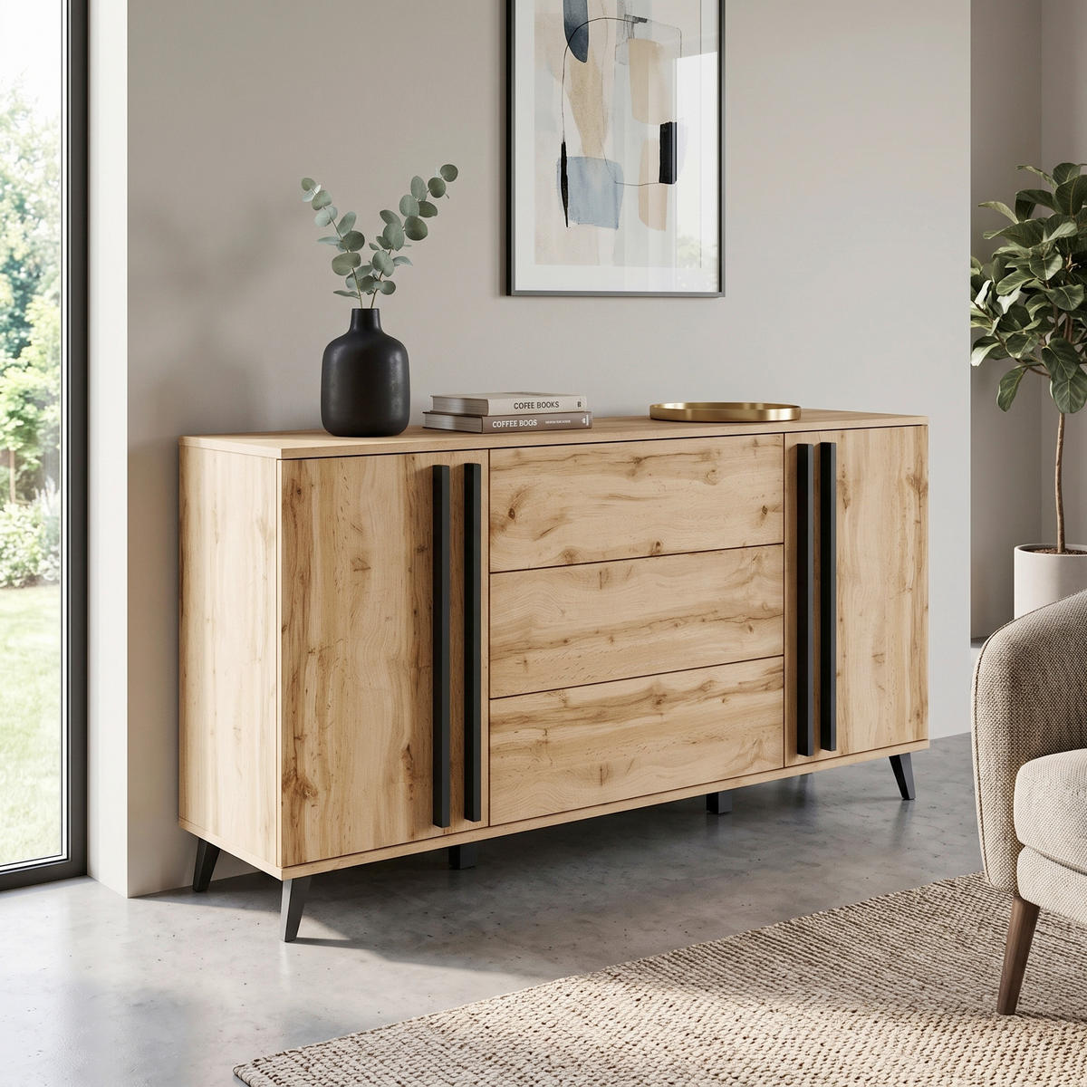 Sideboard Helsinki Helsinki 150/77,8/39,5 cm 3 Schublade(n)  - Eiche Wotan/Schwarz, Trend, Holzwerkstoff/Kunststoff (150/77,8/39,5cm) - P & B