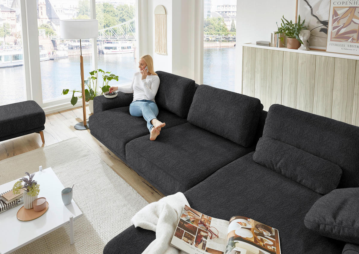 ECKSOFA in Flachgewebe Schwarz  - Wildeiche/Schwarz, Design, Holz/Textil (334/193cm) - Niels Andersson