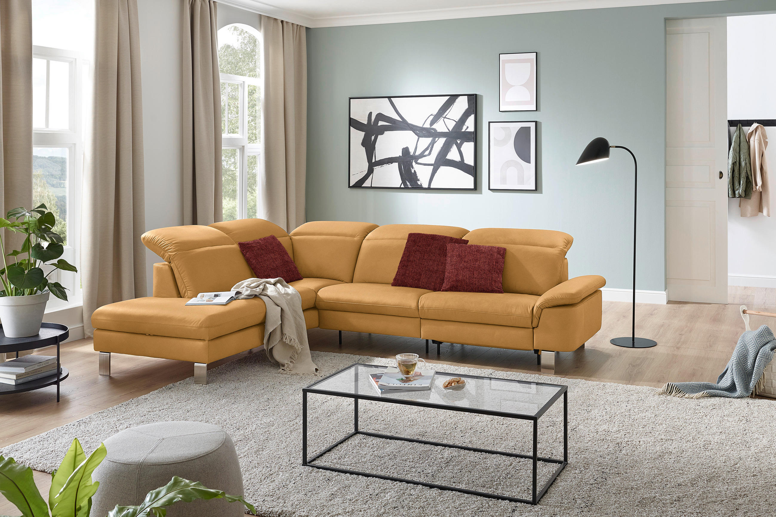 ECKSOFA in Echtleder Senfgelb  - Edelstahlfarben/Senfgelb, Design, Leder/Metall (233/309cm) - Dieter Knoll