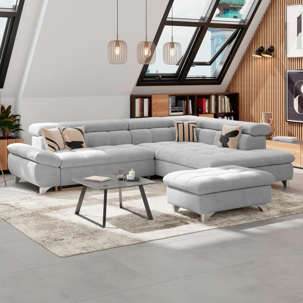 ECKSOFA Hellgrau Chenille  - Chromfarben/Hellgrau, KONVENTIONELL, Textil/Metall (312/234cm) - Livetastic