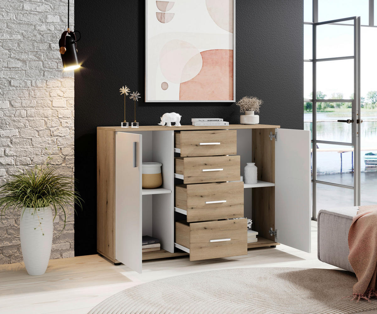 ŠIROKÁ KOMODA, bílá, barvy dubu, 120/84/35 cm - bílá/barvy stříbra, Design, kompozitní dřevo/plast (120/84/35cm) - MID.YOU