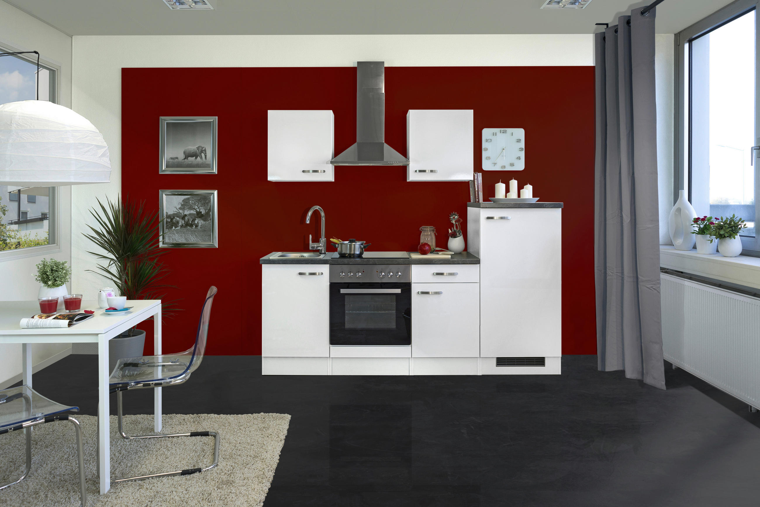 KÜCHENBLOCK   in Weiß, Weiß Hochglanz  - Schieferfarben/Edelstahlfarben, MODERN, Holzwerkstoff/Metall (220/200/60cm) - FlexWell