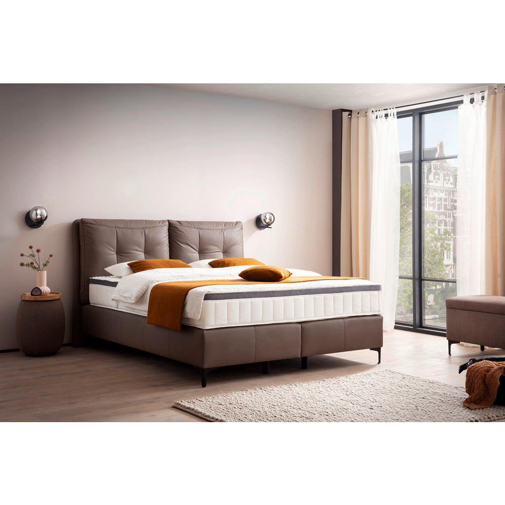 Thumbnail - Novel Boxspringbett, Braun, Textil, Echtleder, Rindleder, Fichte, massiv, Sperrholz, H4, Höhe ca. 27 cm, 200x200 cm, DIN...