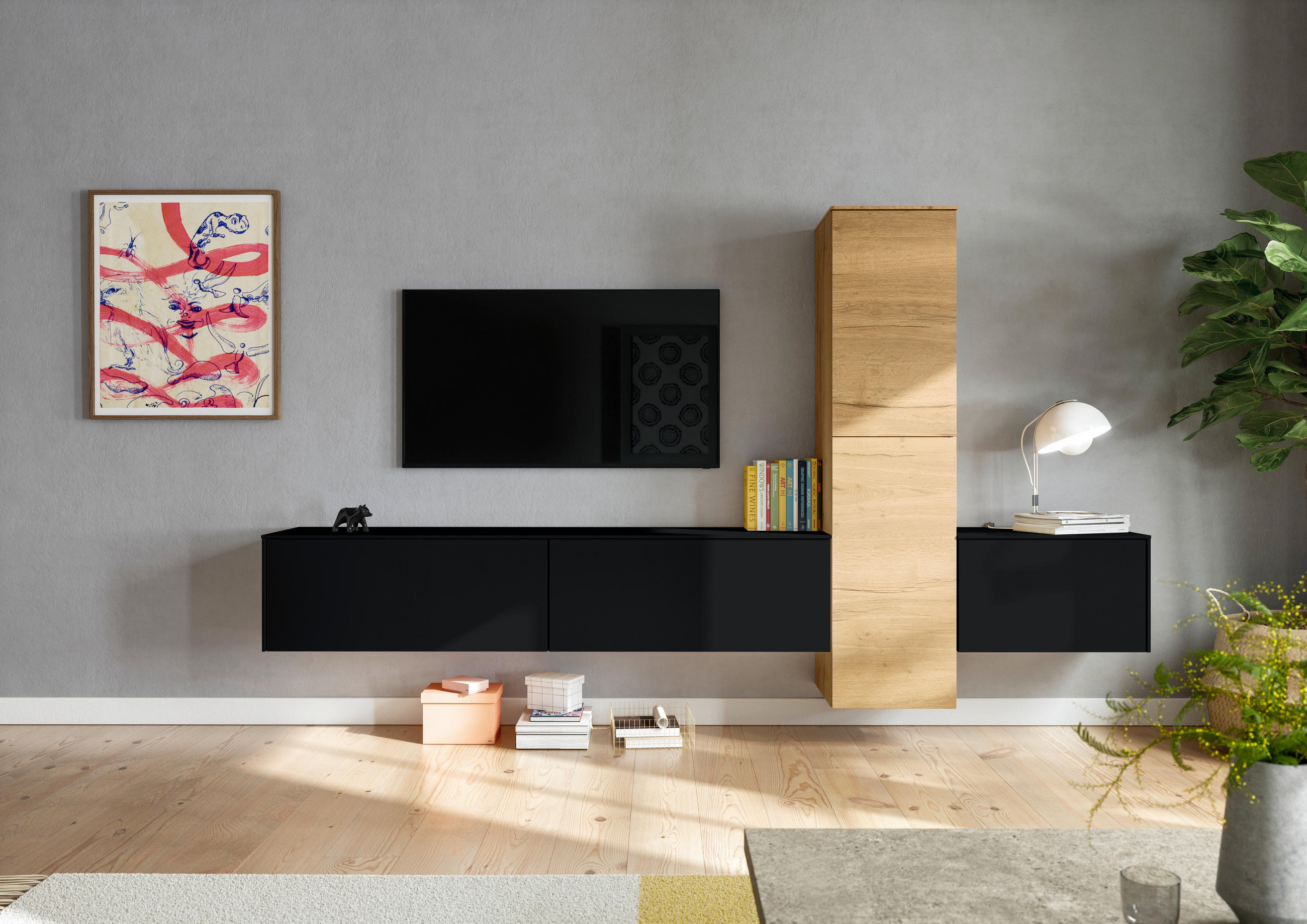 WOHNWAND  282/160/37 cm  in Schwarz  - Eichefarben/Schwarz, Design, Holzwerkstoff (282/160/37cm) - Celina Home