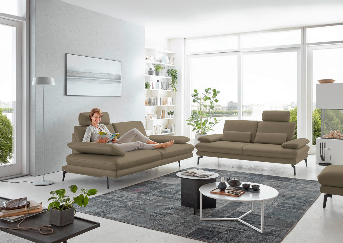 3-SITZER-SOFA in Echtleder Beige  - Beige/Schwarz, Design, Leder/Metall (222/86/104cm) - Dieter Knoll