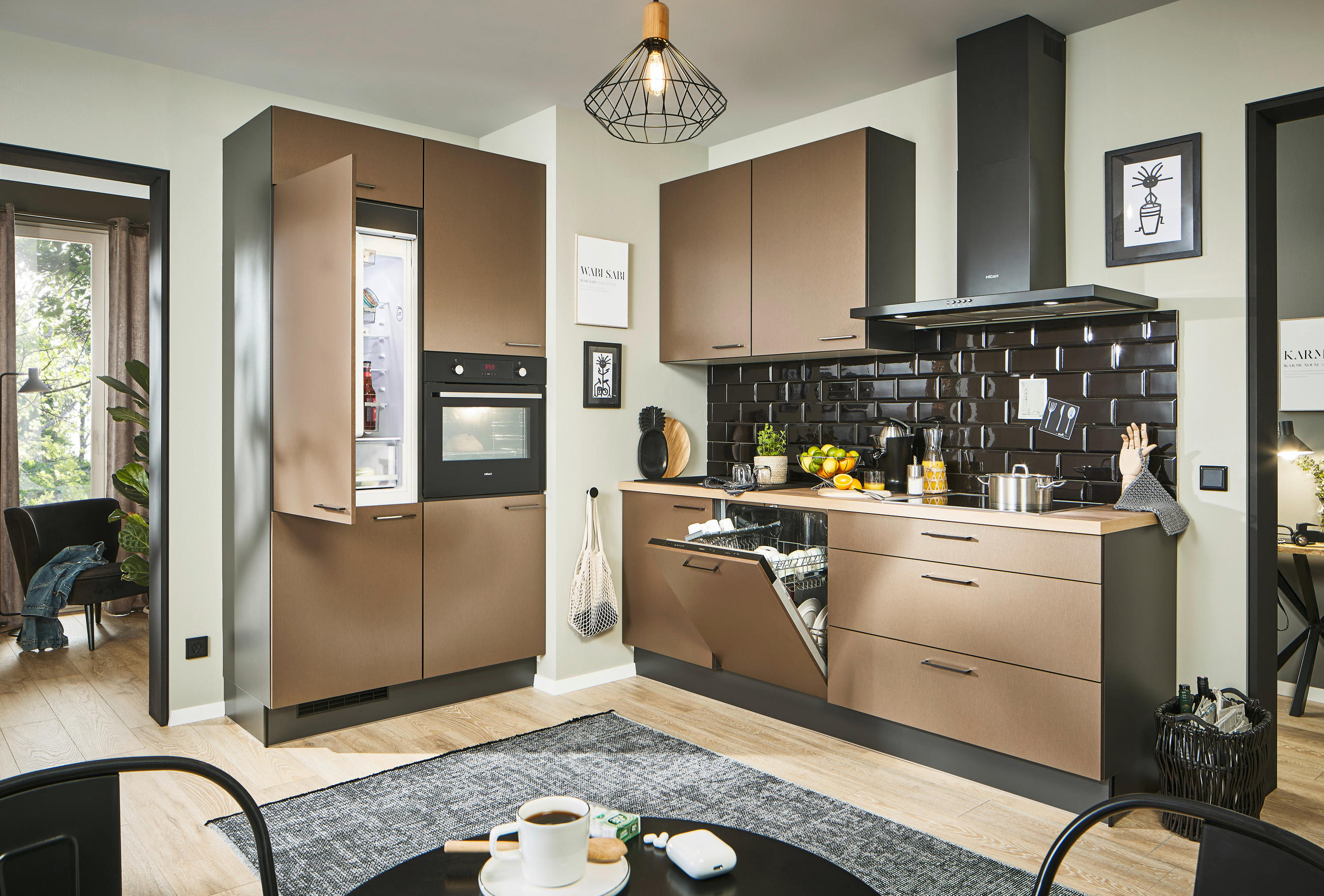 ECKKÜCHE 120/220 cm  in Graphitfarben, Eichefarben, Bronzefarben  - Chromfarben/Eichefarben, Design, Holzwerkstoff/Metall (120/220cm) - Xora