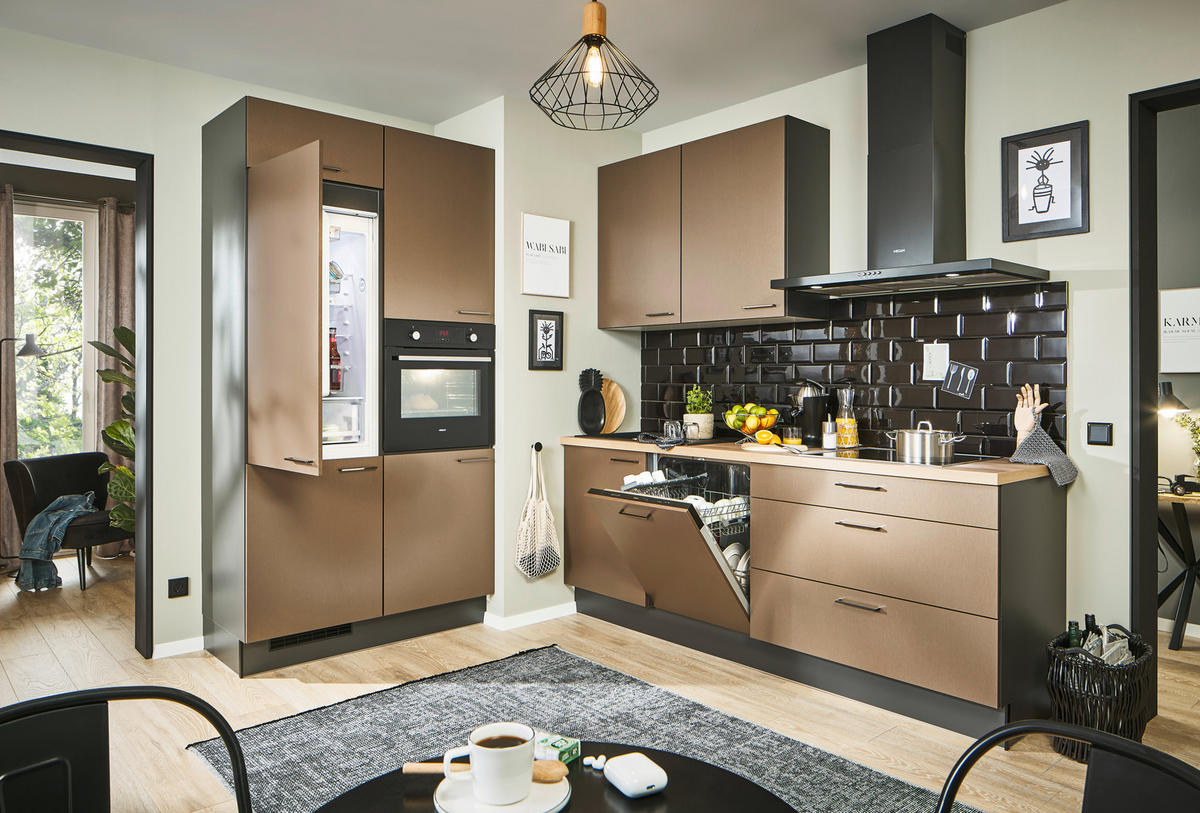ECKKÜCHE 120/220 cm  in Graphitfarben, Eichefarben, Bronzefarben  - Chromfarben/Eichefarben, Design, Holzwerkstoff/Metall (120/220cm) - Xora