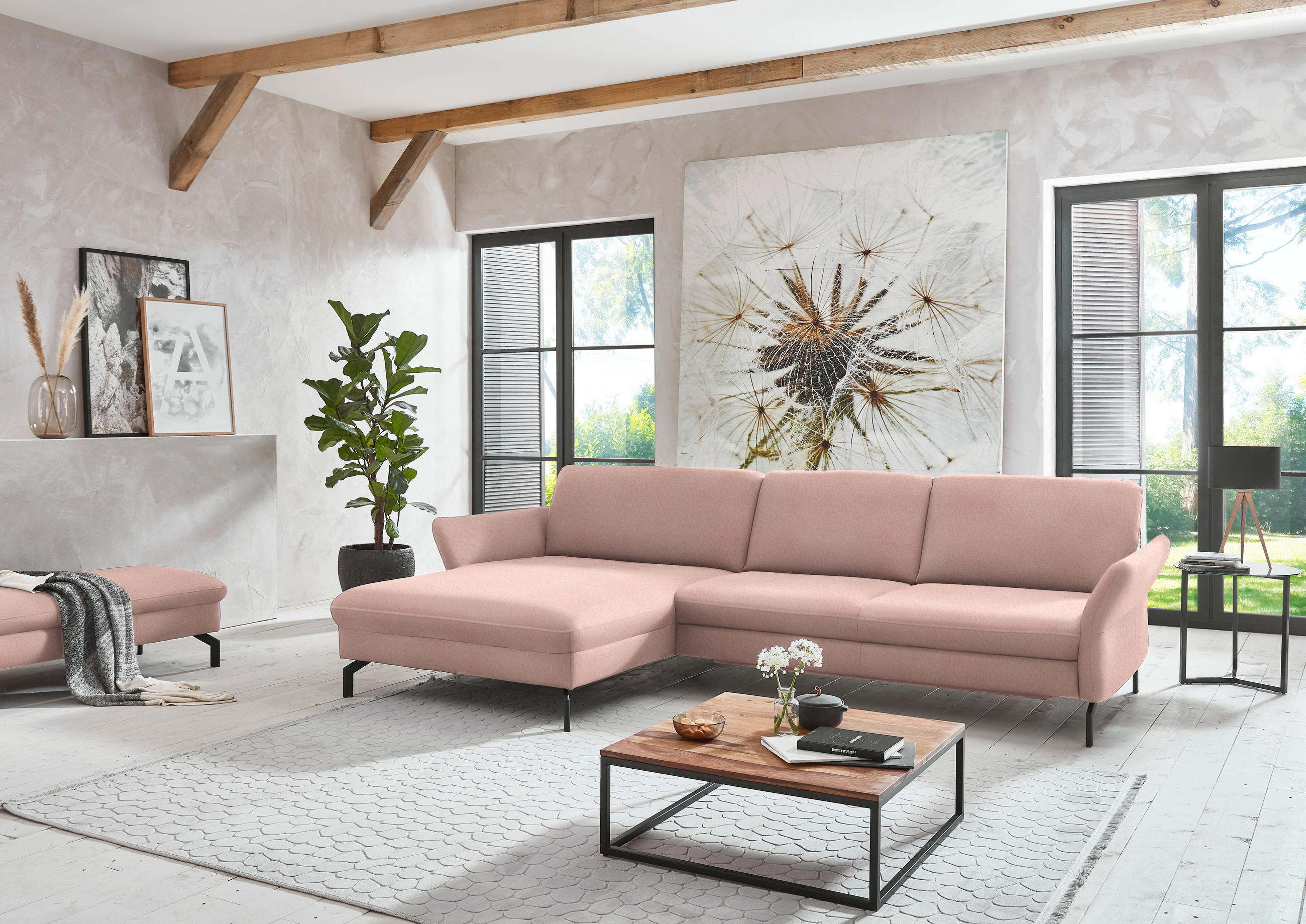ECKSOFA in Velours Rosa  - Schwarz/Rosa, Design, Textil/Metall (179/306cm) - Beldomo System