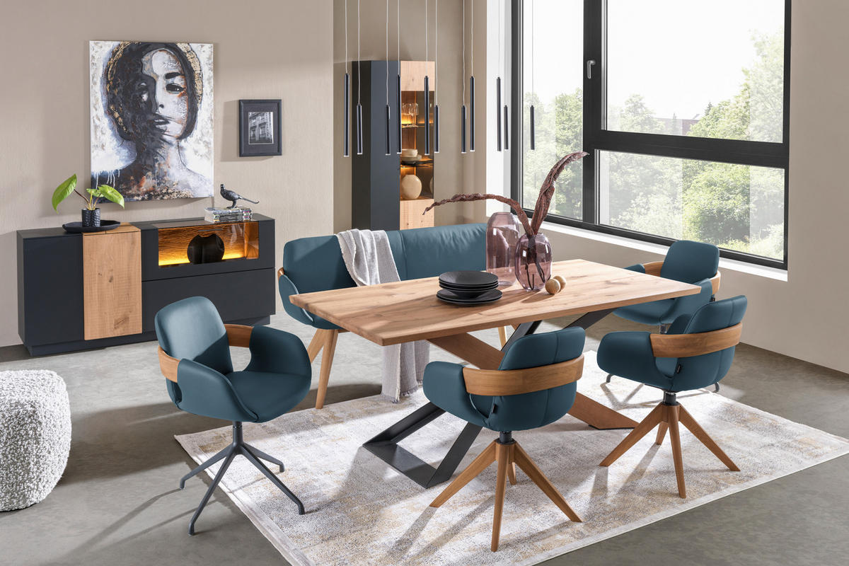 ARMLEHNSTUHL  Lederauswahl, Stoffauswahl, Typenauswahl, Sitzfläche 360° drehbar, automatische Rückholfunktion  Echtleder  - Blau/Eichefarben, Natur, Leder/Holz (60/86/60cm) - Valnatura