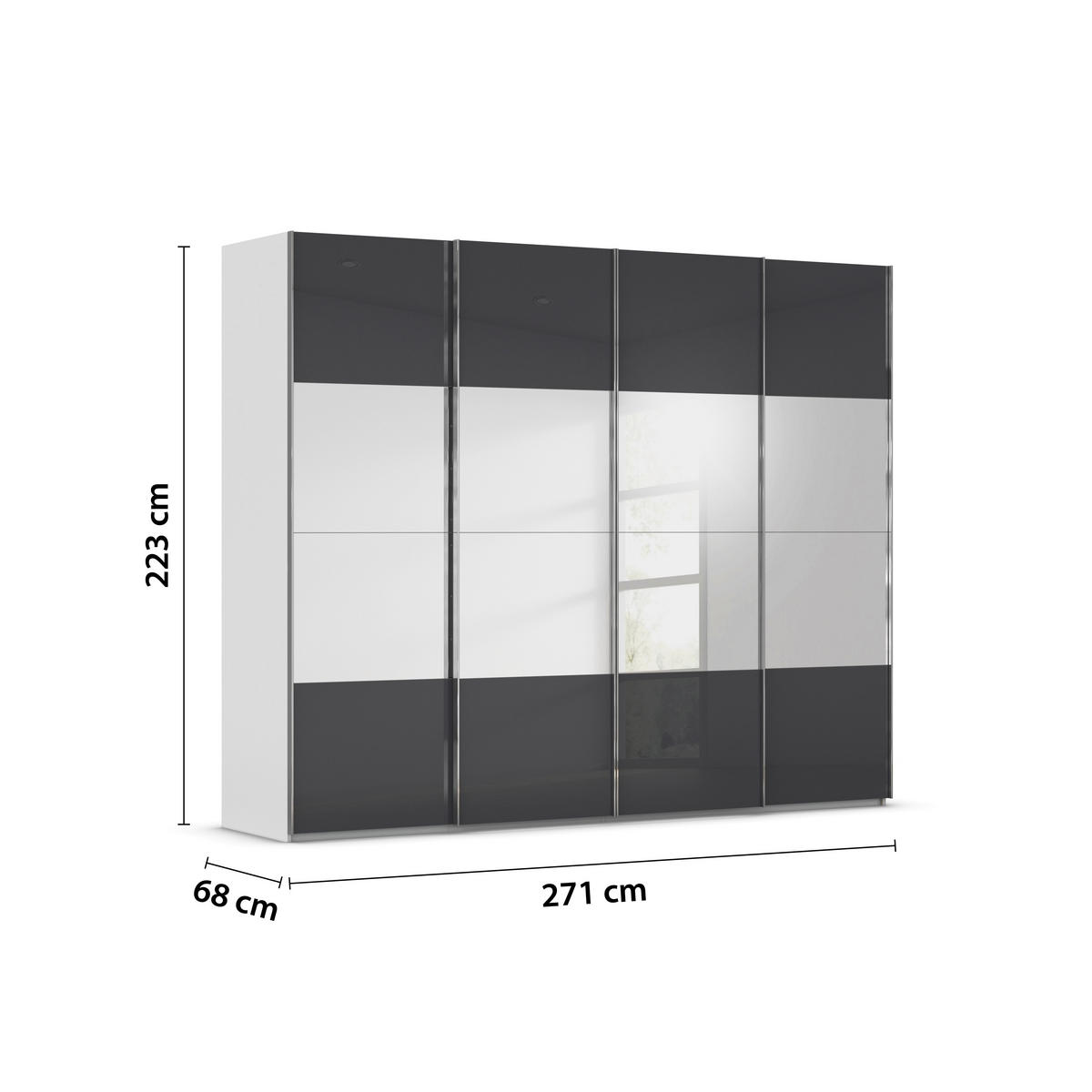 SCHWEBETÜRENSCHRANK 271/223/68 cm 4-türig Grau, Schwarz  - Chromfarben/Schwarz, Design, Glas/Holzwerkstoff (271/223/68cm) - Novel