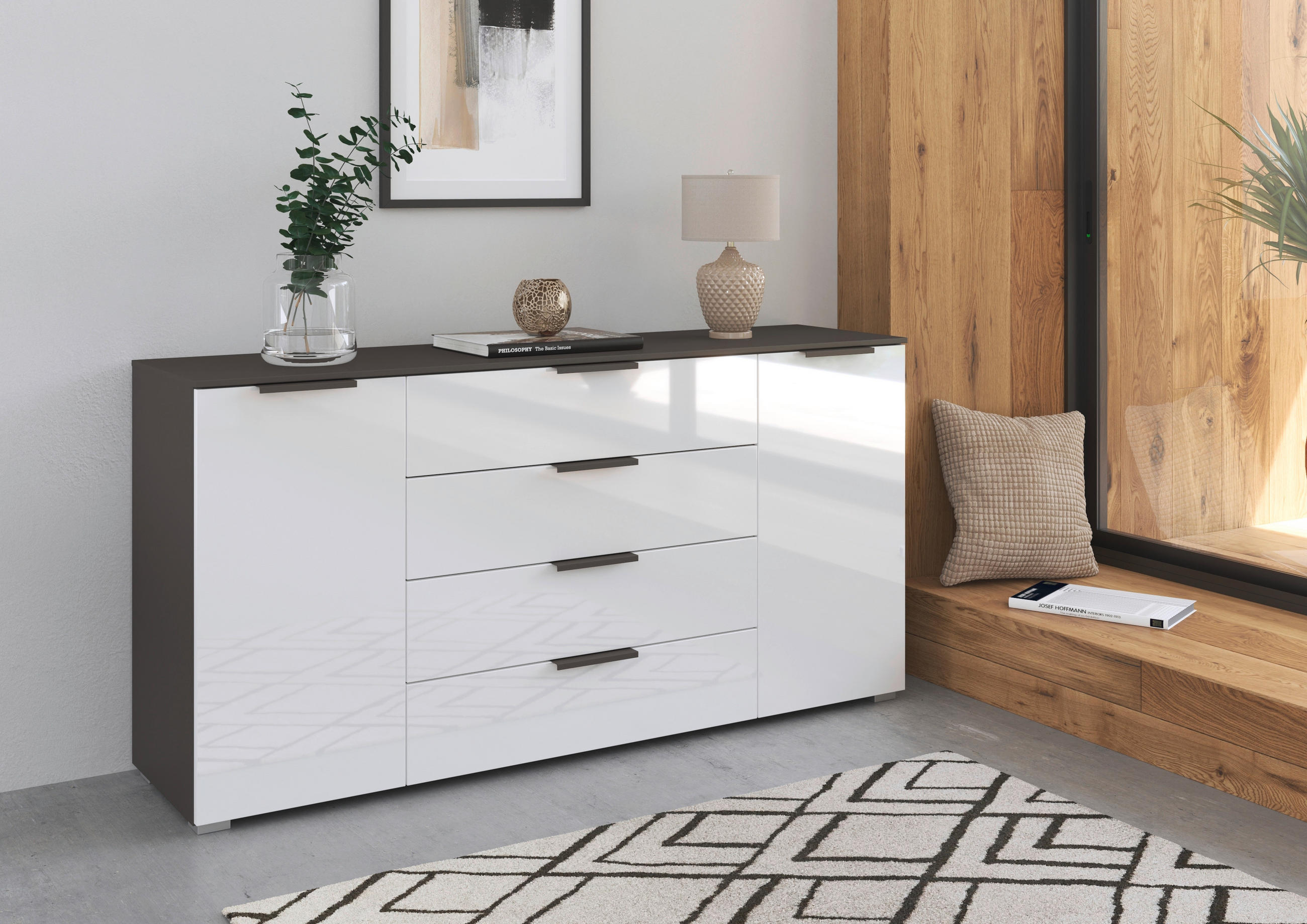 SIDEBOARD  in 160/81/42 cm  - Weiß Hochglanz/Graphitfarben, KONVENTIONELL, Holzwerkstoff/Kunststoff (160/81/42cm) - home24