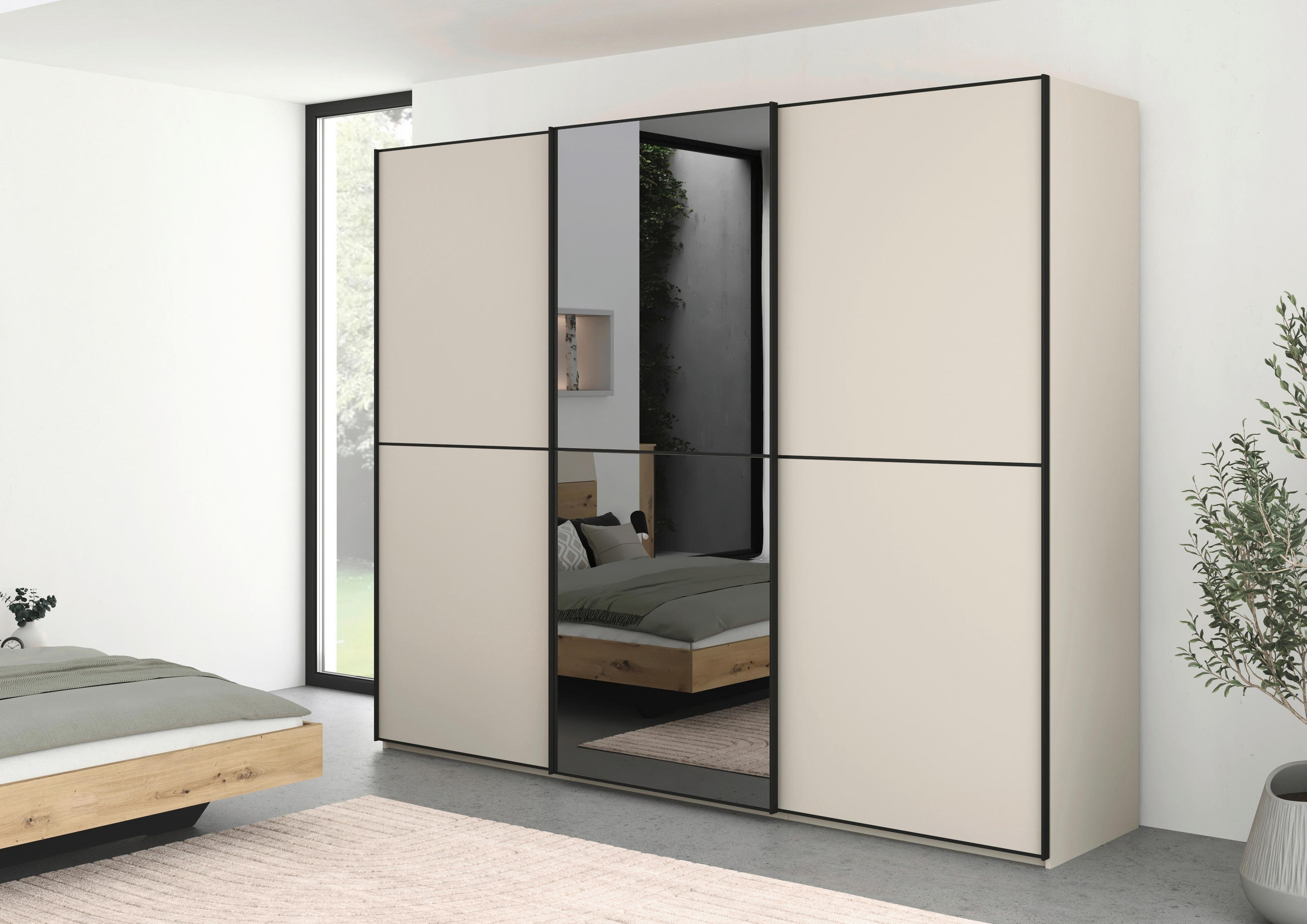 SCHWEBETÜRENSCHRANK 242/223/68 cm 3-türig Champagner, Schwarz  - Champagner/Schwarz, KONVENTIONELL, Glas/Holzwerkstoff (242/223/68cm) - Novel