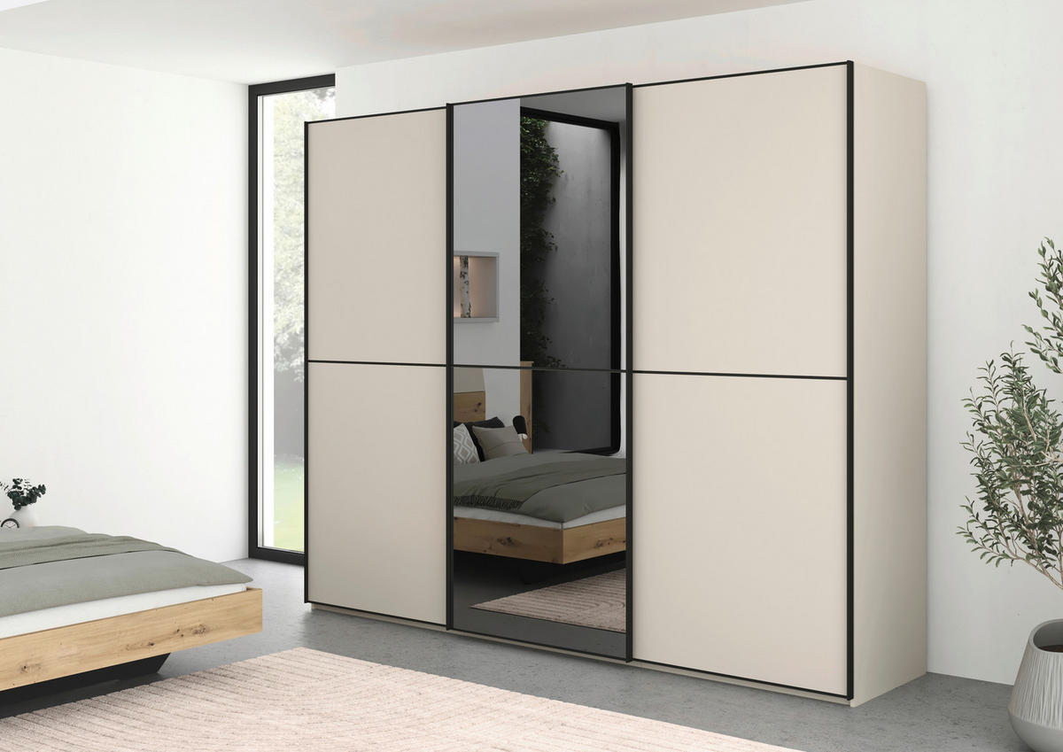 SCHWEBETÜRENSCHRANK 242/223/68 cm 3-türig Champagner, Schwarz  - Champagner/Schwarz, KONVENTIONELL, Glas/Holzwerkstoff (242/223/68cm) - Novel