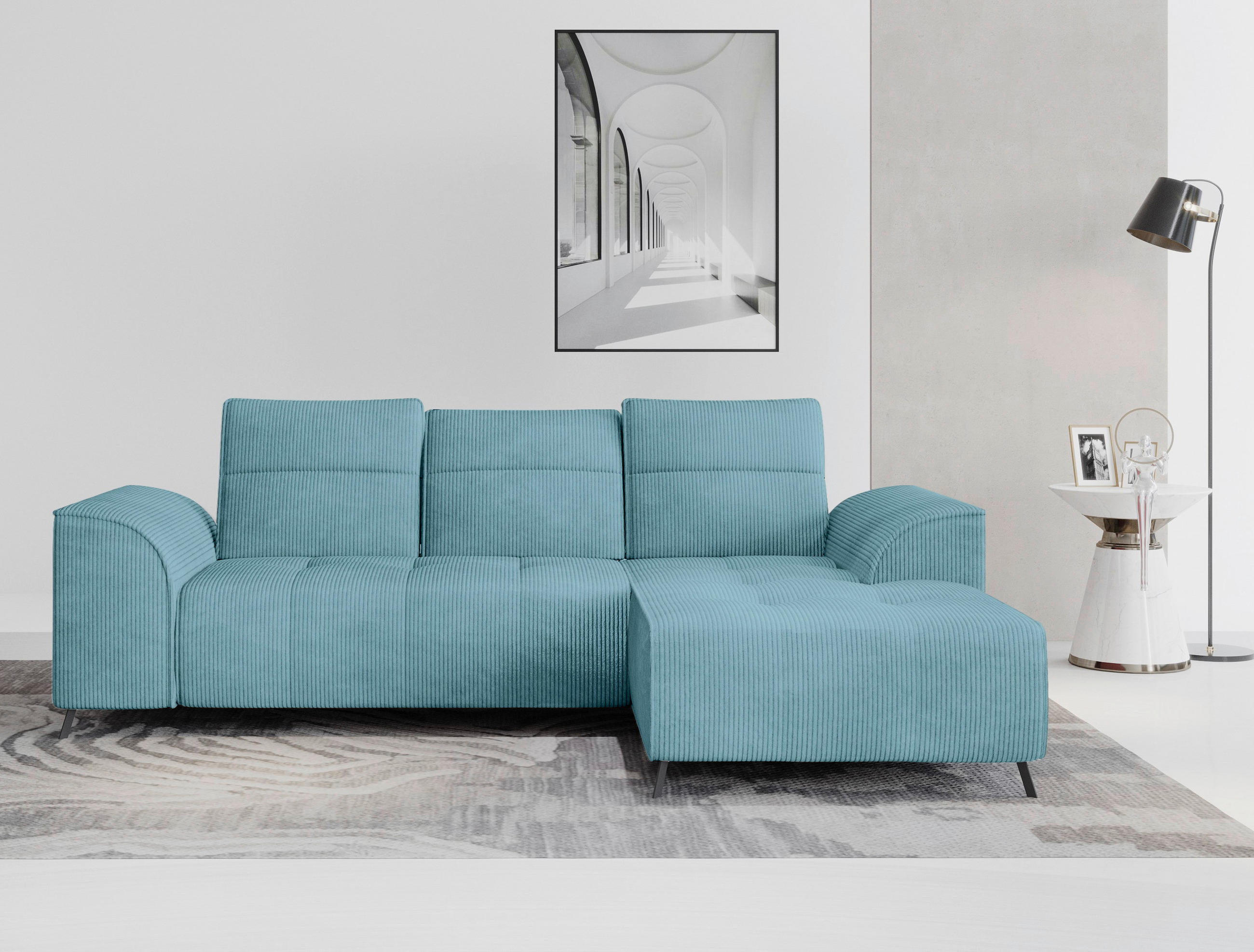 ECKSOFA Türkis Cord  - Türkis/Schwarz, KONVENTIONELL, Textil/Metall (290/196cm) - Carryhome