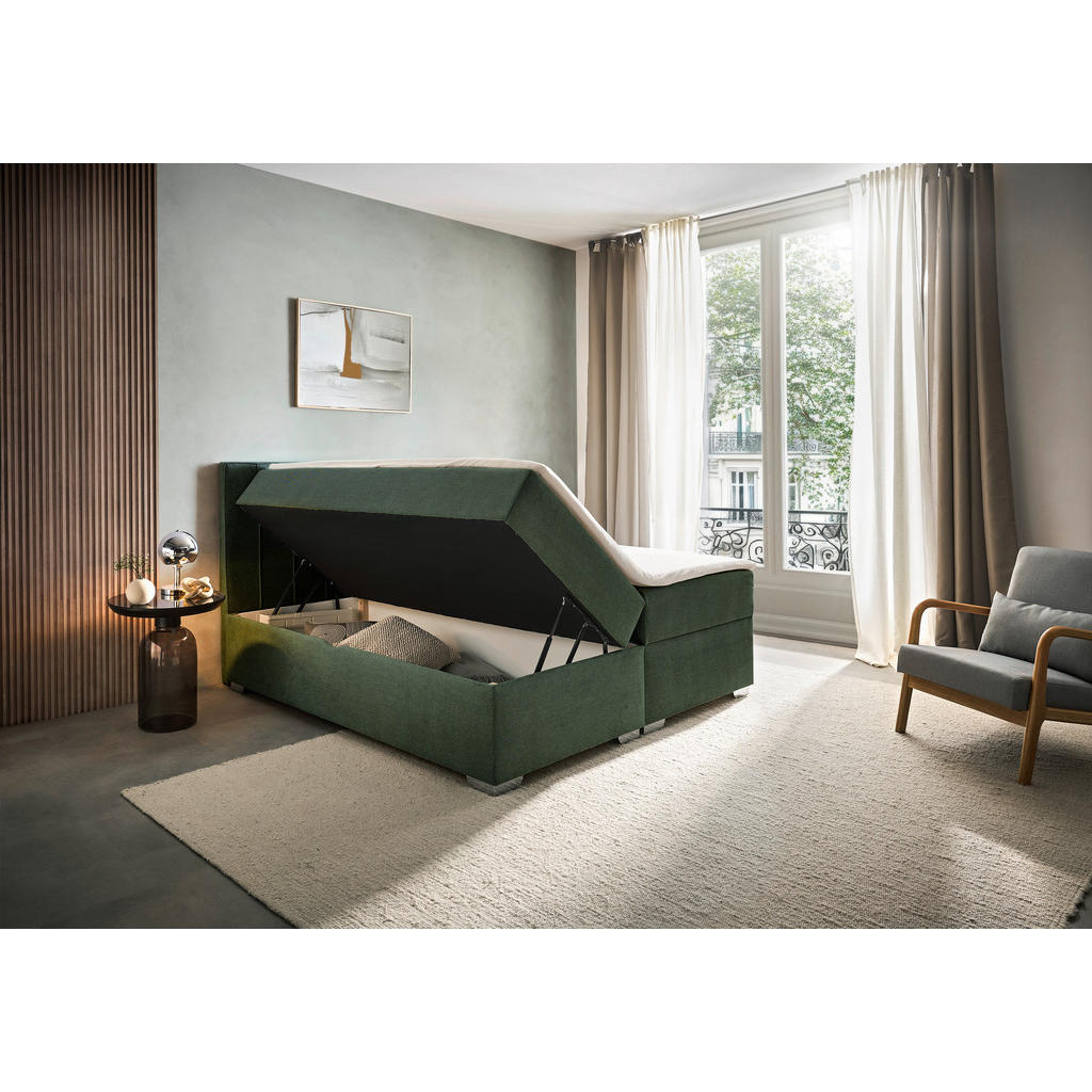 Thumbnail - Boxxx Boxbett, Dunkelgrün, Textil, H3, Höhe ca. 24 cm, 180x200 cm, Bettkasten, gepolstertes Kopfteil, Topper durchgehend...