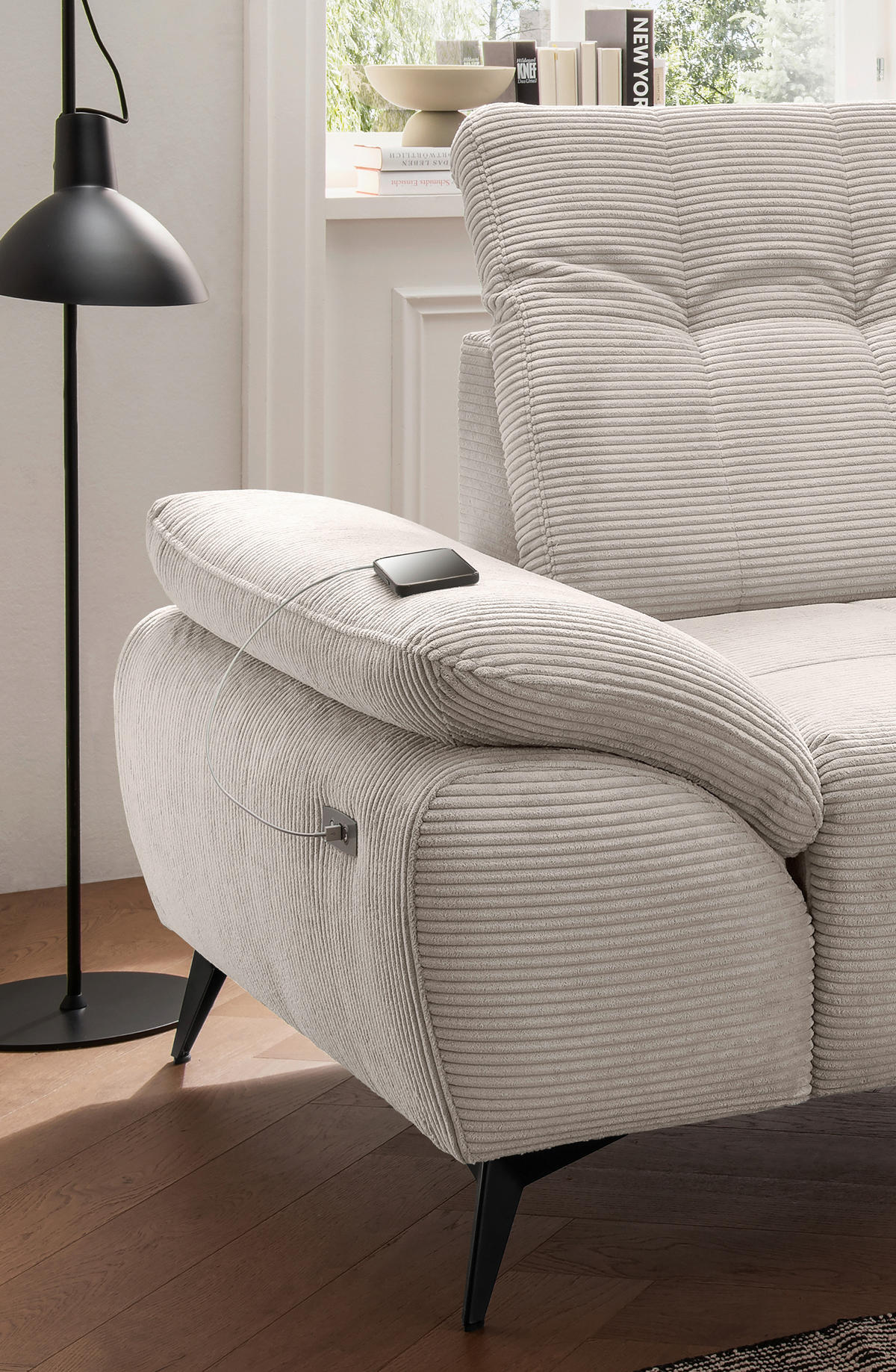 ECKSOFA FIORE in Cord Beige Kopfteilverstellung, Sitzvorzug  280/180 cm  - Beige/Schwarz, MODERN, Textil/Metall (280/180cm) - Livetastic