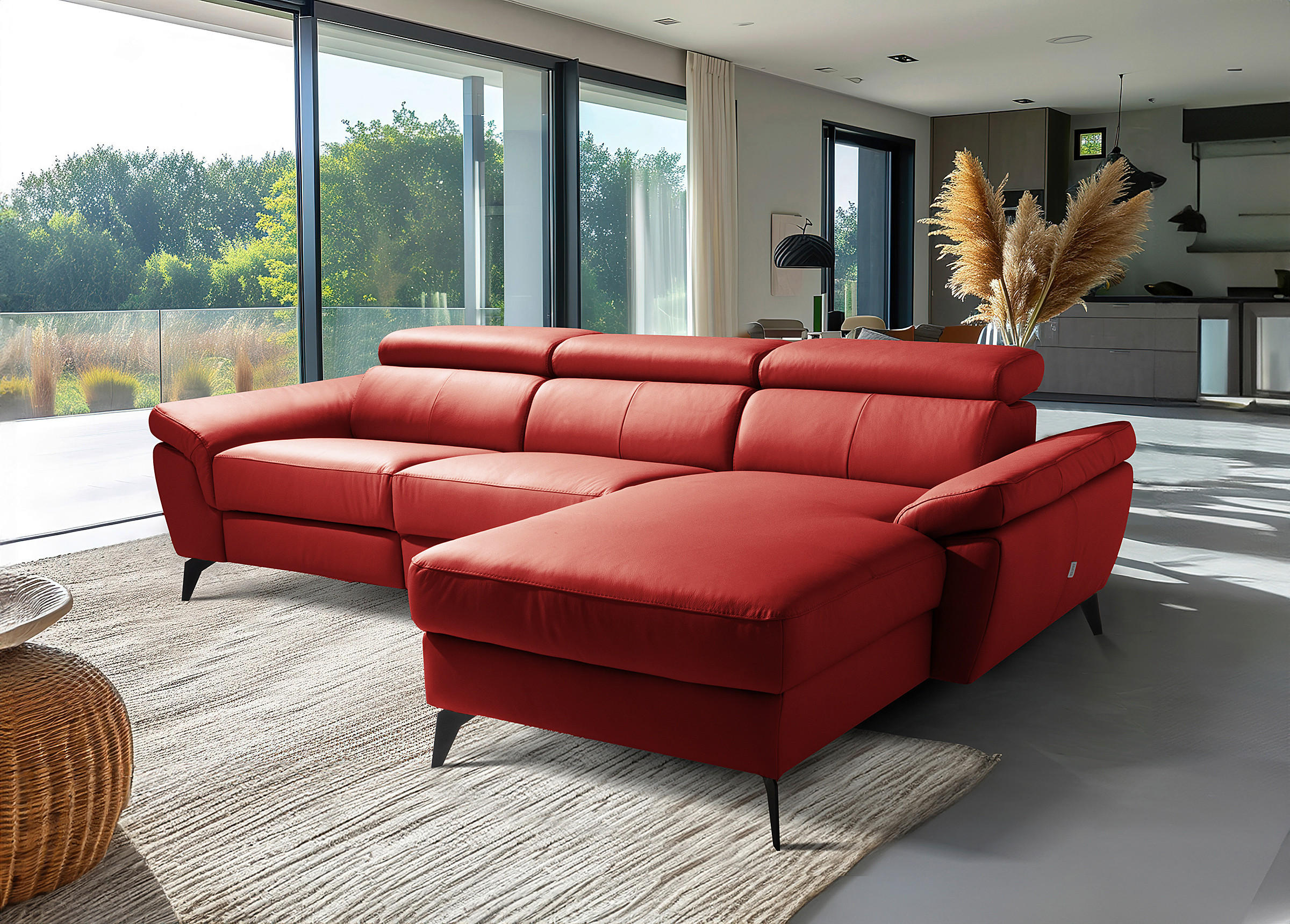 ECKSOFA Rot Echtleder Lederlook Rücken echt, Armteilverstellung, Relaxfunktion, Kopfteilverstellung  - Rot/Schwarz, Design, Leder/Textil (252/179cm) - Livetastic