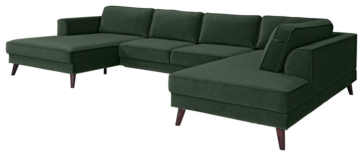 WOHNLANDSCHAFT Dunkelgrün Velours  - Wengefarben/Dunkelgrün, MODERN, Holz/Textil (169/348/201cm) - Trendmanufaktur