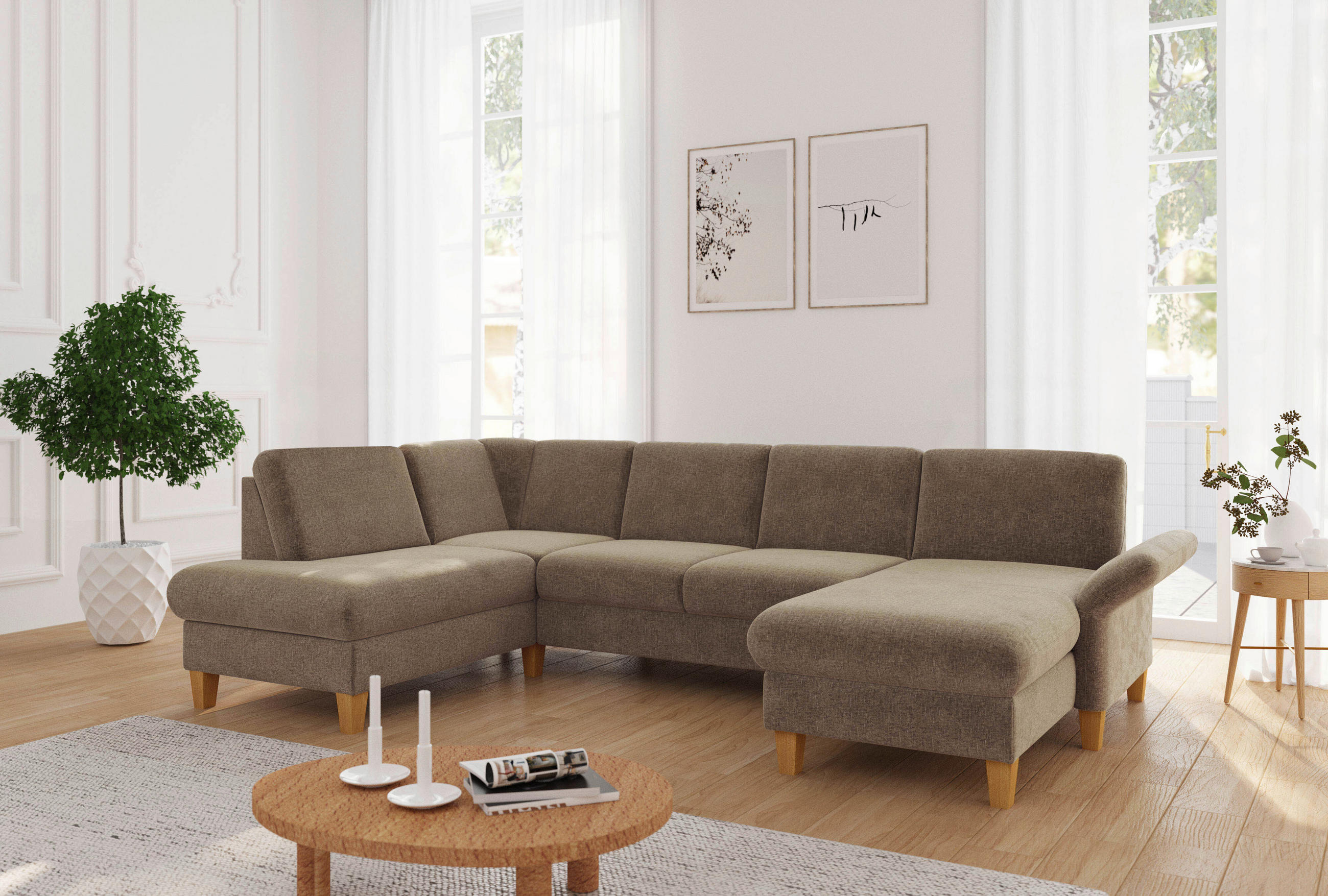 WOHNLANDSCHAFT Hellbraun Flachgewebe  - Hellbraun/Eichefarben, KONVENTIONELL, Holz/Textil (195/314/164cm) - Sit & More