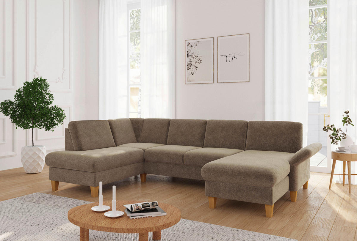 WOHNLANDSCHAFT Hellbraun Flachgewebe  - Hellbraun/Eichefarben, KONVENTIONELL, Holz/Textil (195/314/164cm) - Sit & More