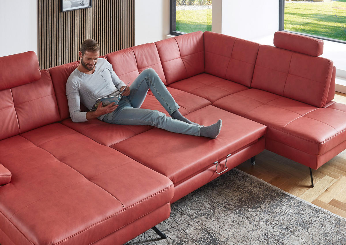 WOHNLANDSCHAFT in Lederlook, Mikrofaser Rot  - Rot/Schwarz, Design, Textil/Metall (179/345/220cm) - Beldomo System