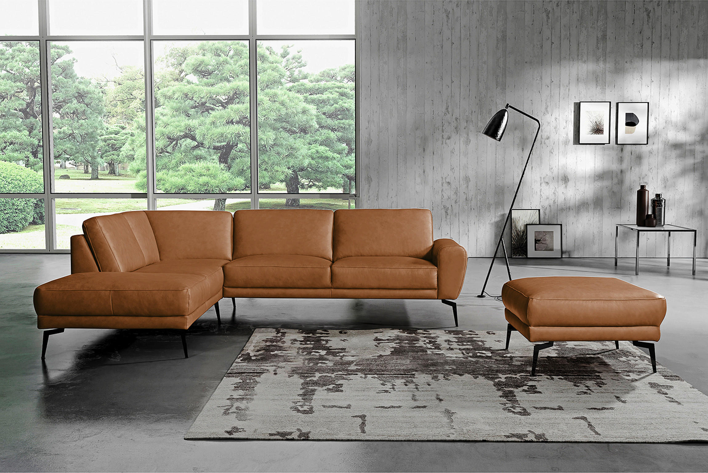 HOCKER in Leder Cognac - Cognac/Schwarz, Design, Leder/Metall (96/45/80cm) - Livetastic