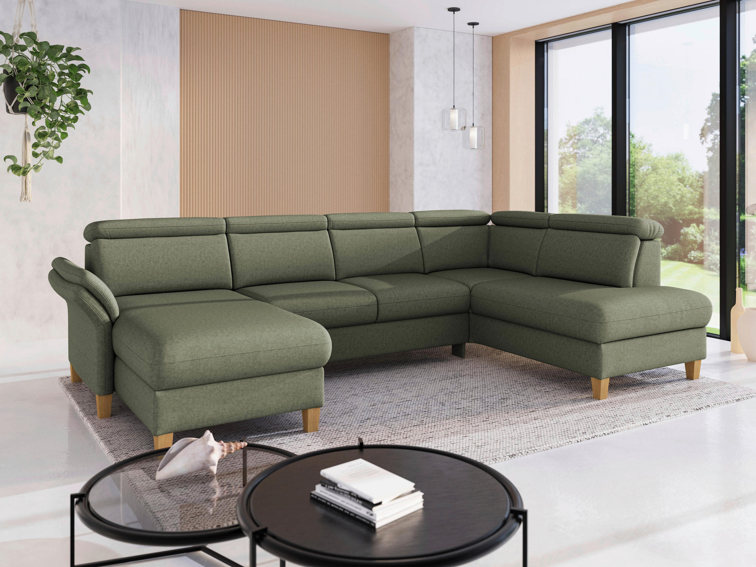 WOHNLANDSCHAFT GLENDALE E Olivgrün Flachgewebe  - Eichefarben/Olivgrün, KONVENTIONELL, Holz/Textil (166/321/193cm) - Sit & More