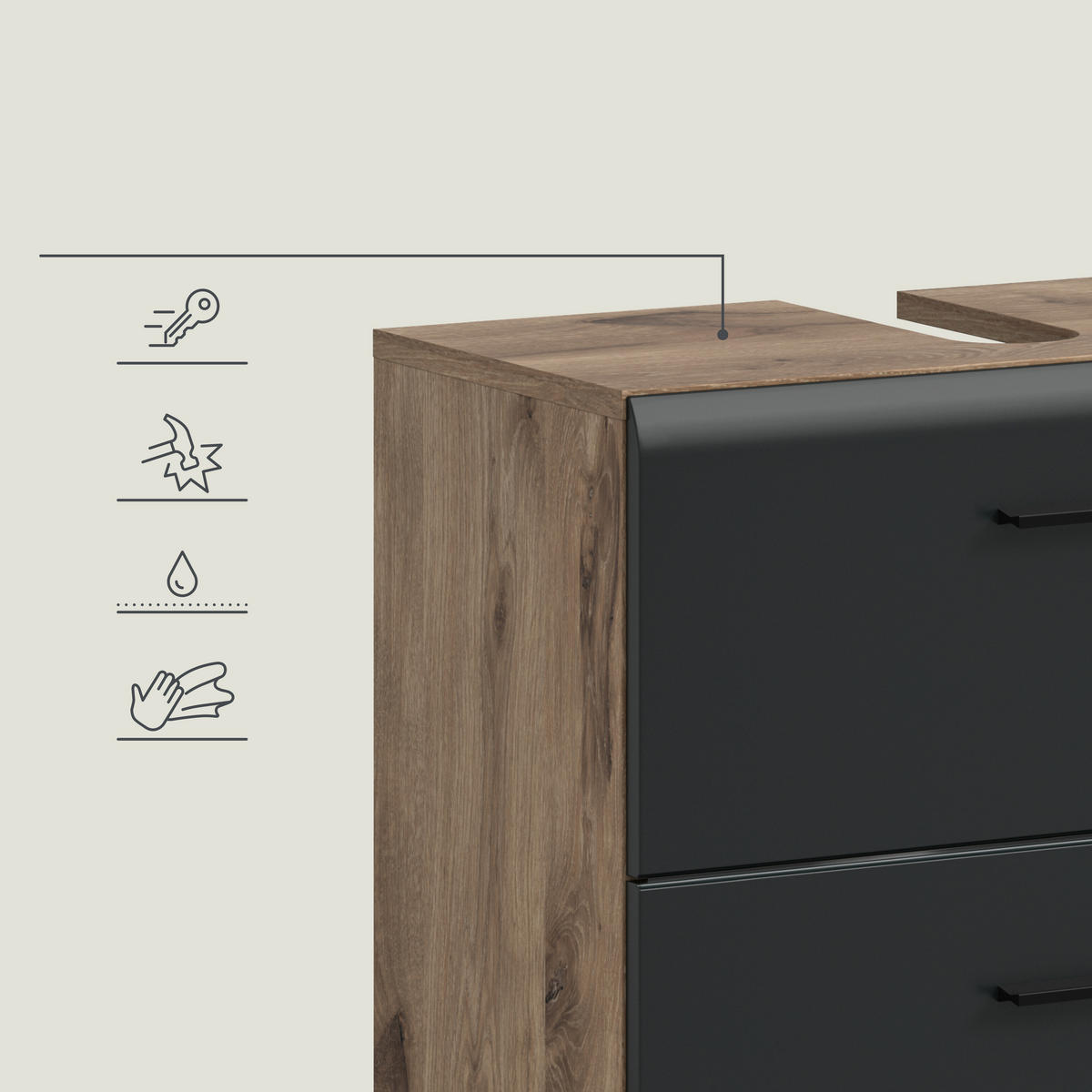 WASCHBECKENUNTERSCHRANK 60/58/30 cm  - Eiche dunkel/Schwarz, Trend, Holzwerkstoff/Kunststoff (60/58/30cm) - MID.YOU