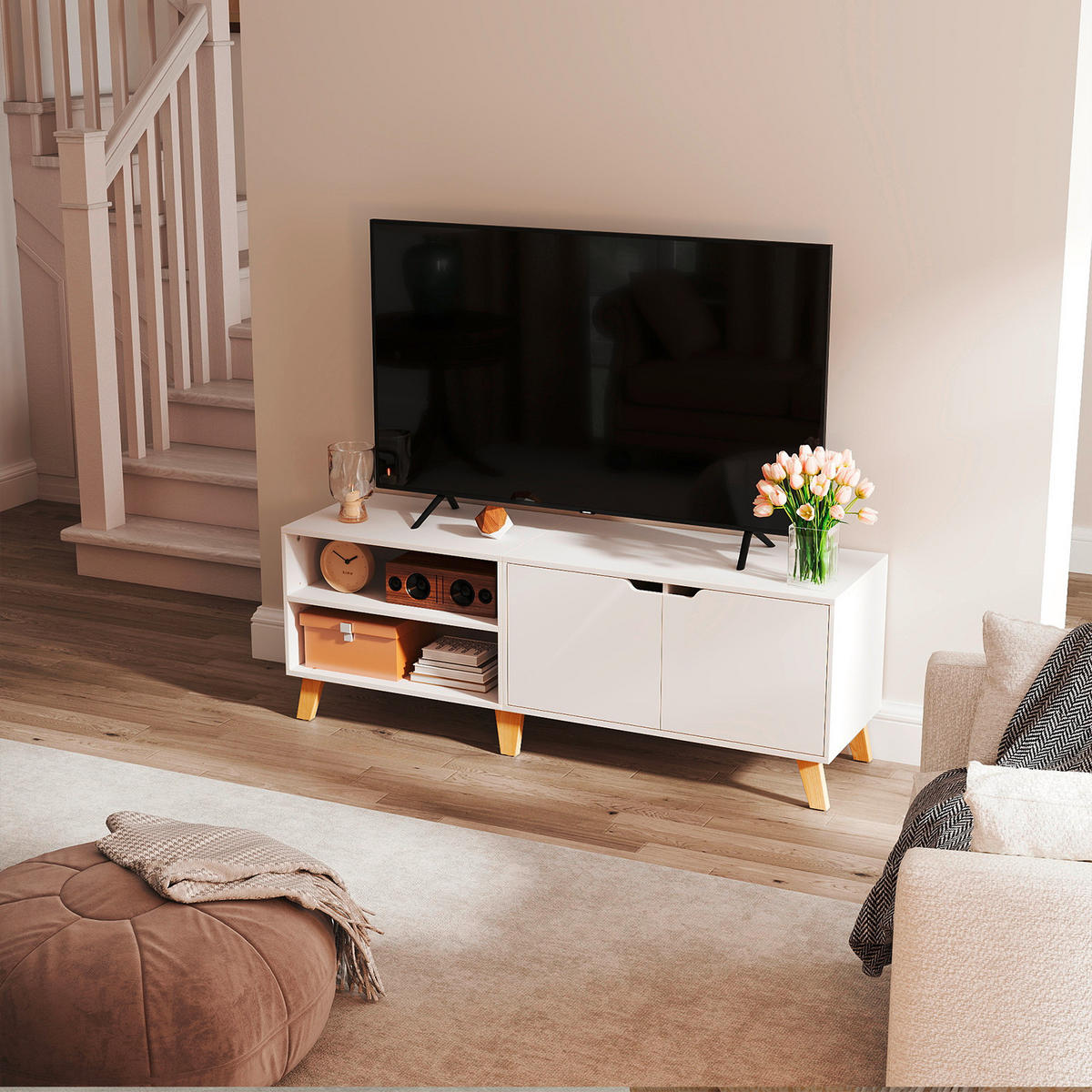 KOMODA POD TELEVIZI, bílá, světle hnědá, 140/45/40 cm - bílá/světle hnědá, Trend, kompozitní dřevo (140/45/40cm) - MID.YOU