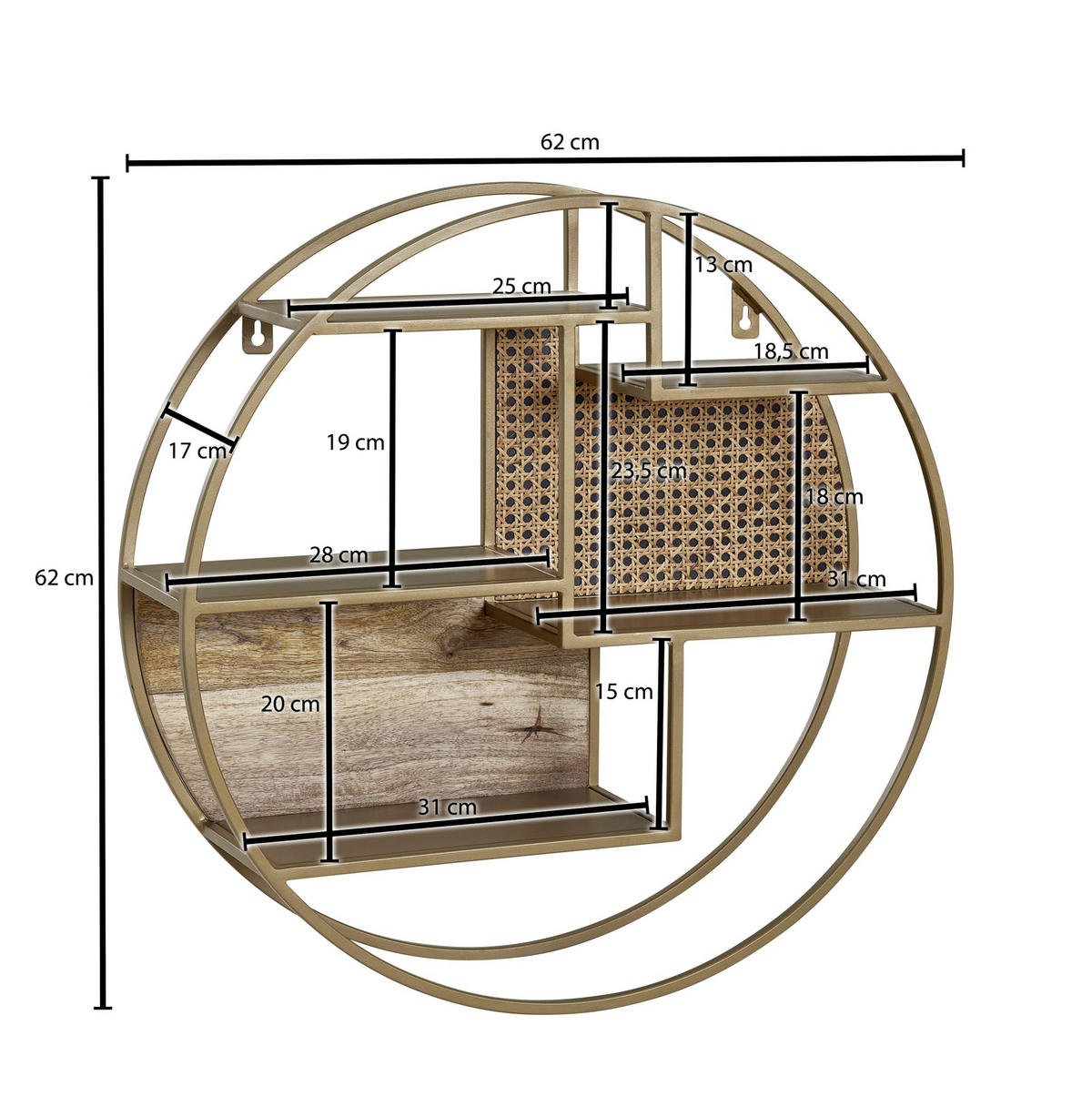 WANDREGAL 62/62/17 cm  - Messingfarben/Braun, Modern, Holz/Metall (62/62/17cm) - MID.YOU
