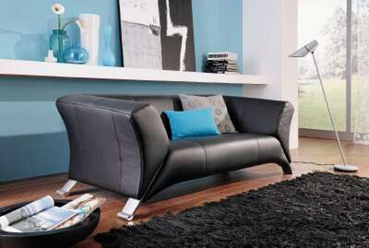 DREISITZER-SOFA Schwarz Echtleder  - Alufarben/Schwarz, Design, Leder/Metall (210/73/91cm) - Rolf Benz