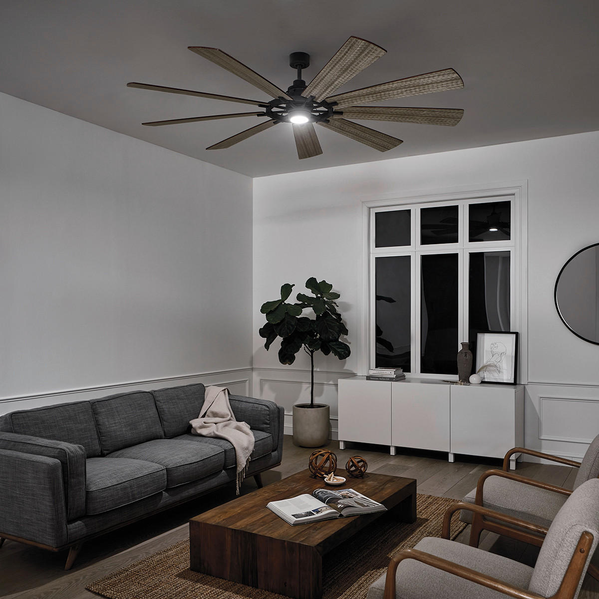 STROPNI VENTILATOR Elstead Gentry /1300 lm/3000 K// - barva oreha/barve cinka, Natur, kovina/steklo (216/42cm)