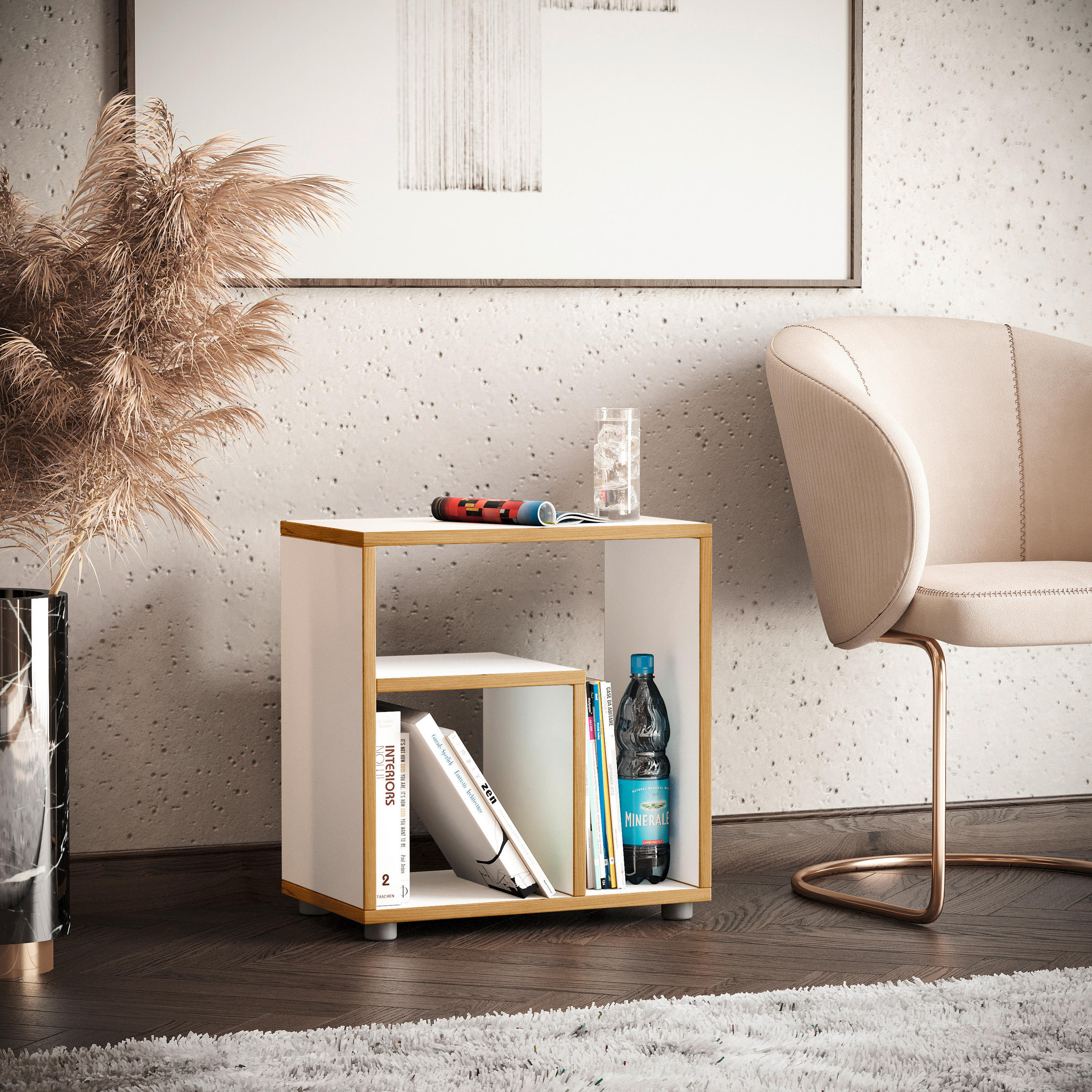 Thumbnail - Mid.you Beistelltisch, Weiß, Honigeiche, Holzwerkstoff, rechteckig, Säule, 55x30x50 cm, Stauraum, offenes Fach, Wohnzimm...