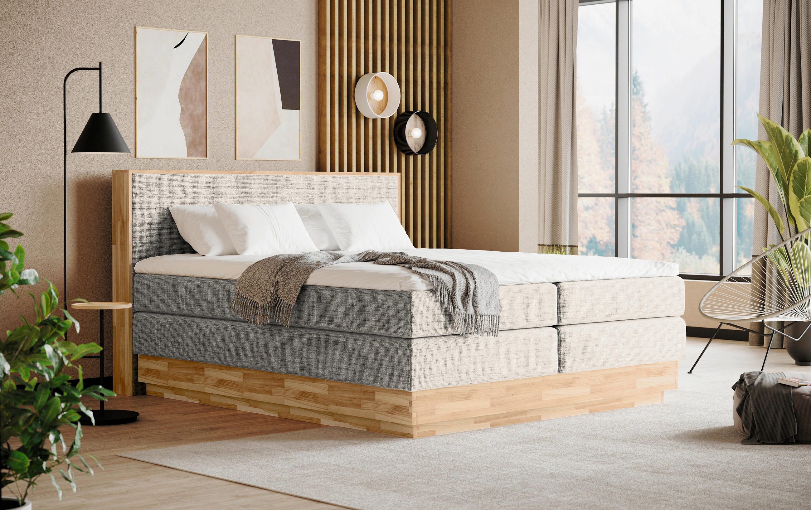 BOXSPRINGBETT 160/200 cm,  in Eichefarben, Sandfarben, Matratze, gepolstertes Kopfteil, Bettkasten, Topper, H2 + H3 = mittel + fest  - Sandfarben/Eichefarben, MODERN, Holz/Kunststoff (160/200cm) - Livetastic