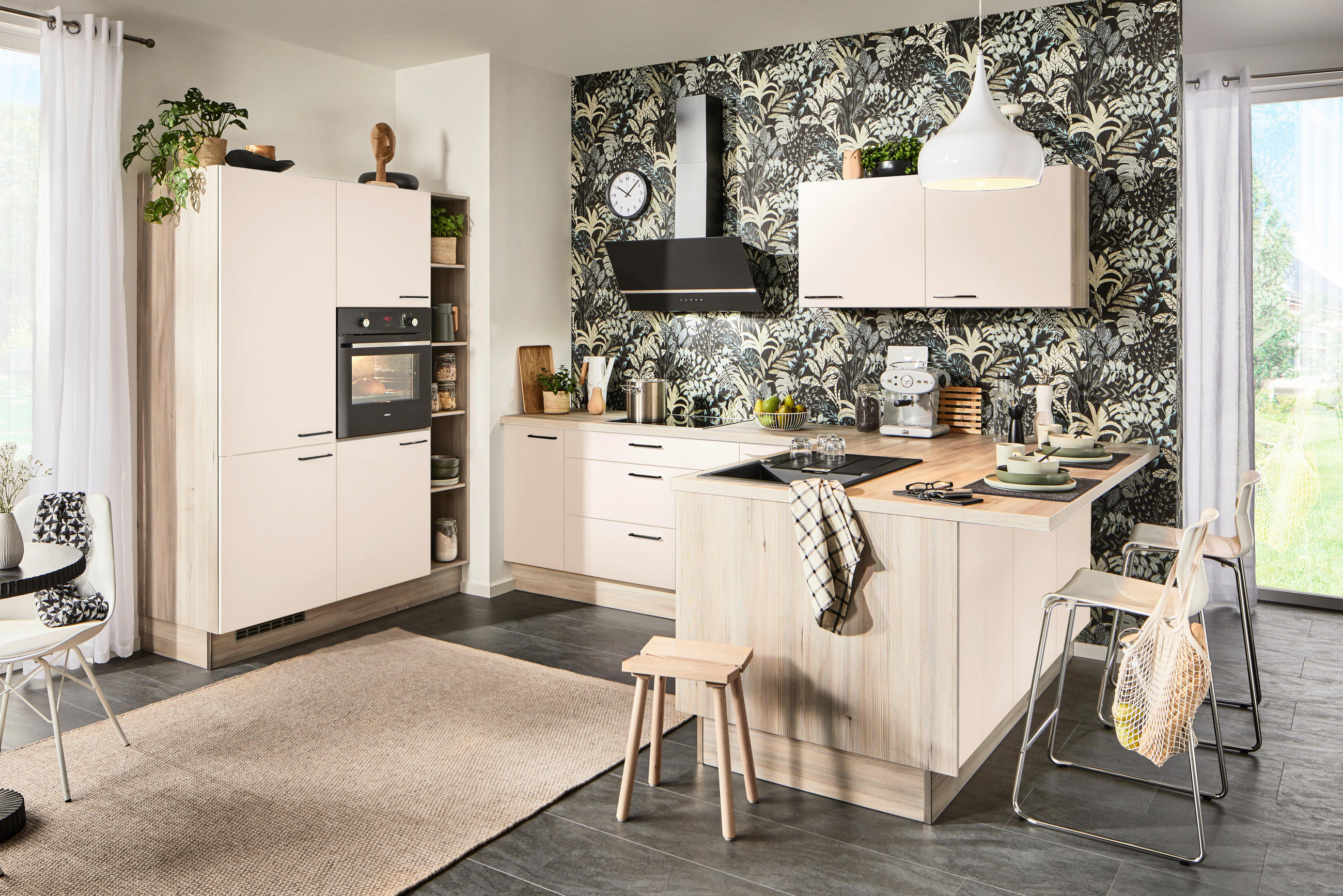 ECKKÜCHE  in Magnolie  - Magnolie/Schwarz, Design, Holzwerkstoff/Metall (150/280/192cm) - Xora