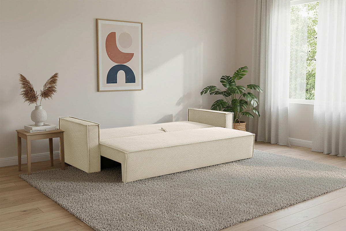 SCHLAFSOFA  mit Rücken echt, Armteil links, Armteil rechts Cord Creme  - Creme/Schwarz, Design, Textil (232/85/92cm) - Xora