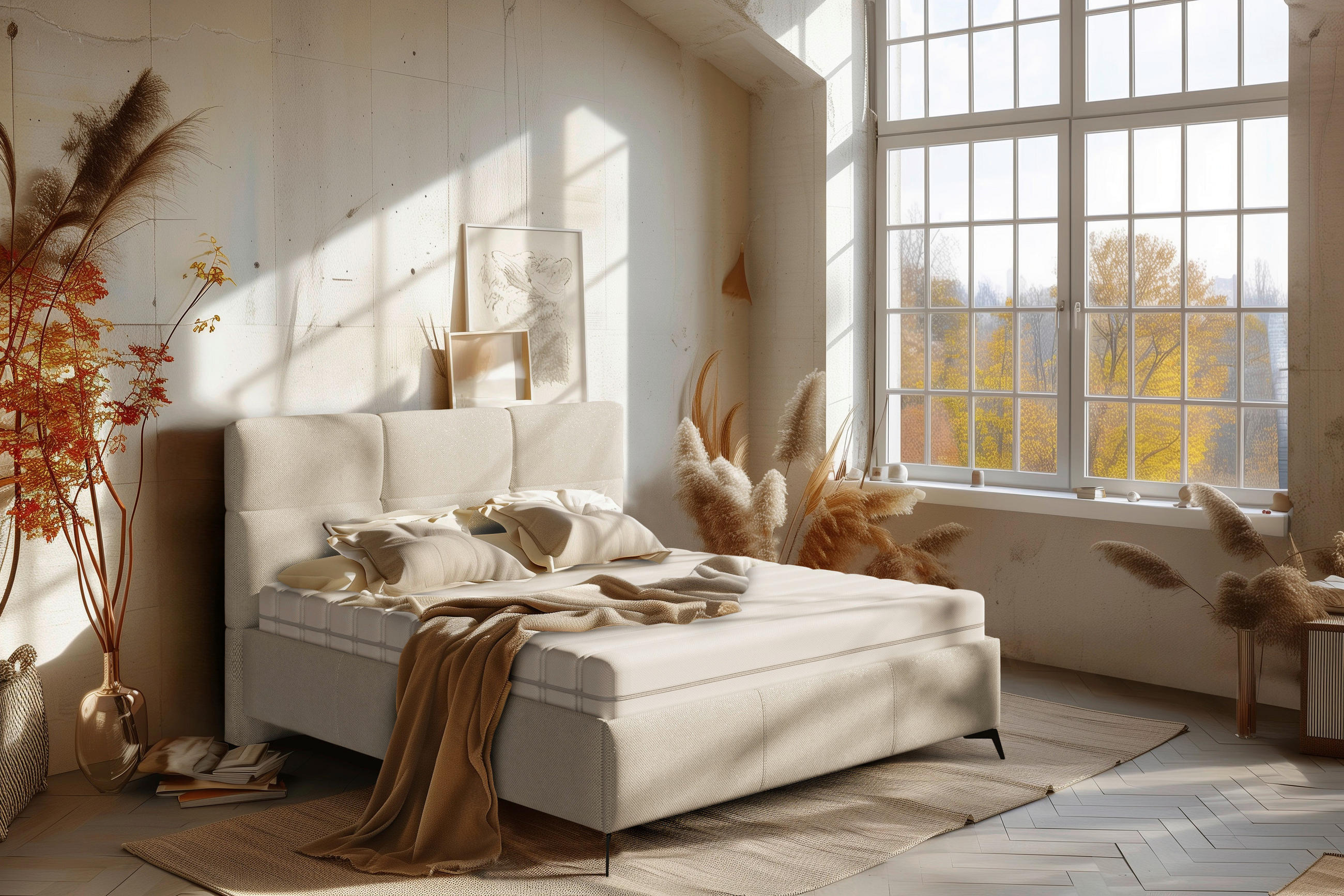 POLSTERBETT gepolstertes Kopfteil, Lattenrost 180/200 cm  in Creme  - Creme/Schwarz, MODERN, Holz/Textil (180/200cm) - Boxxx