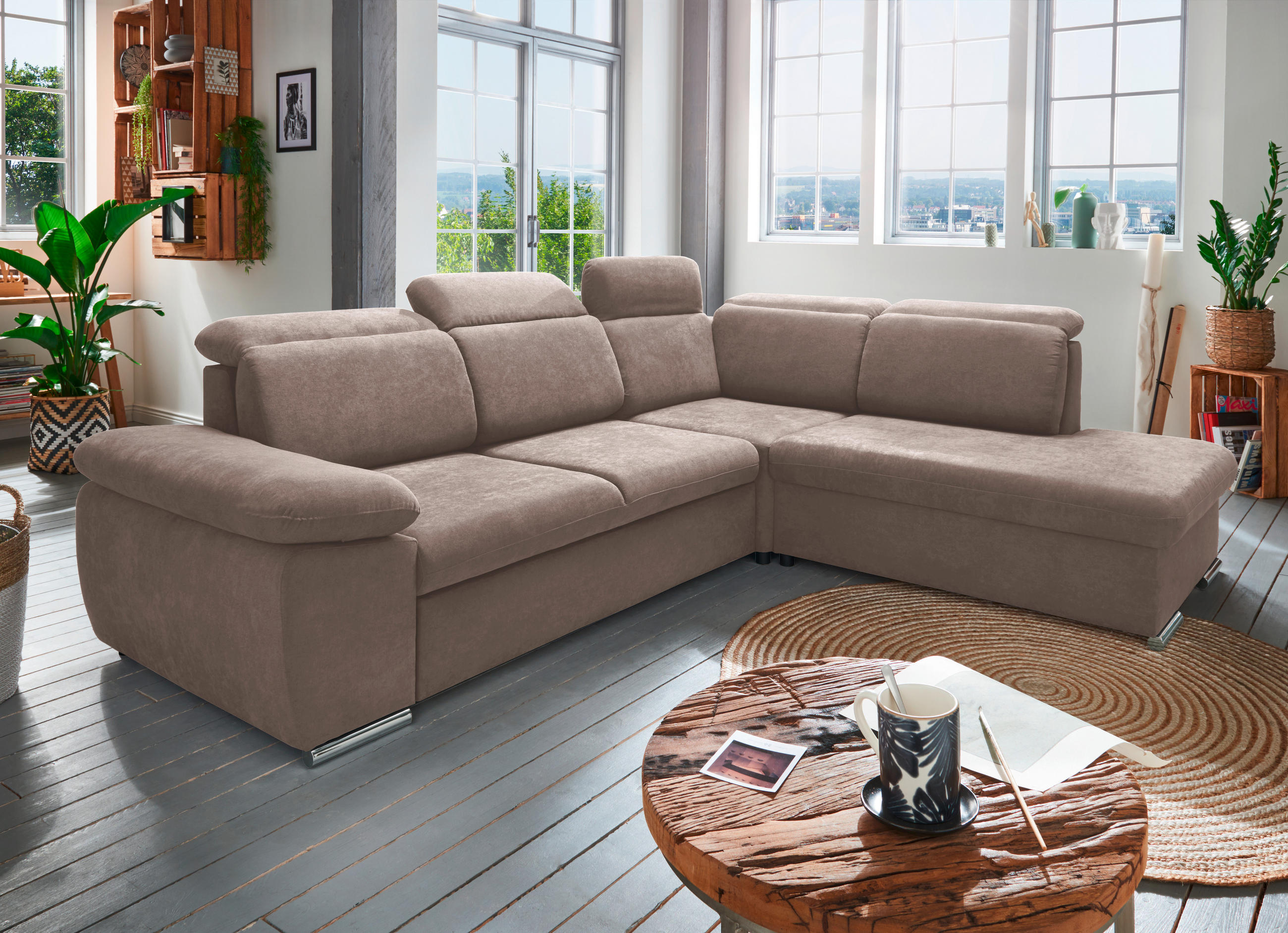 ECKSOFA in Mikrofaser Taupe - Taupe/Chromfarben, Design, Textil/Metall (283/228cm) - Livetastic