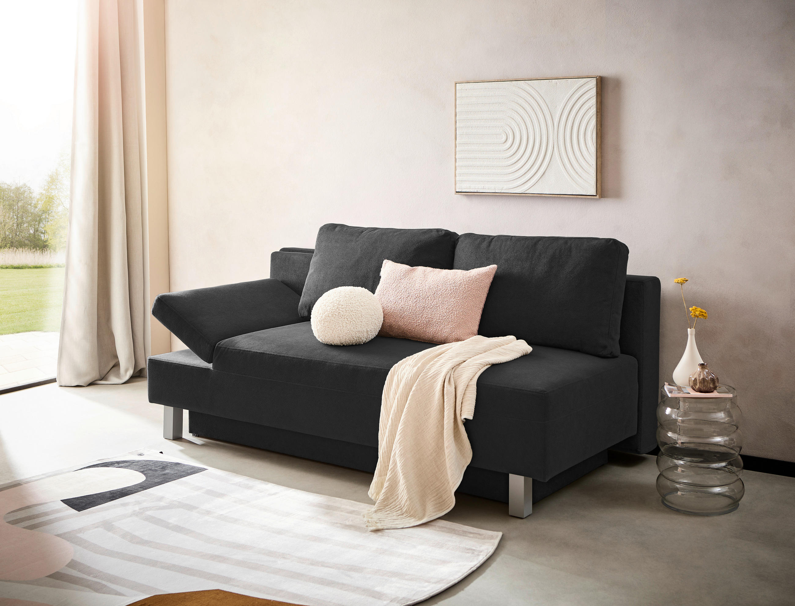 SCHLAFSOFA in Flachgewebe Schwarz  - Chromfarben/Schwarz, Design, Holz/Textil (205/77-93/99cm) - Novel