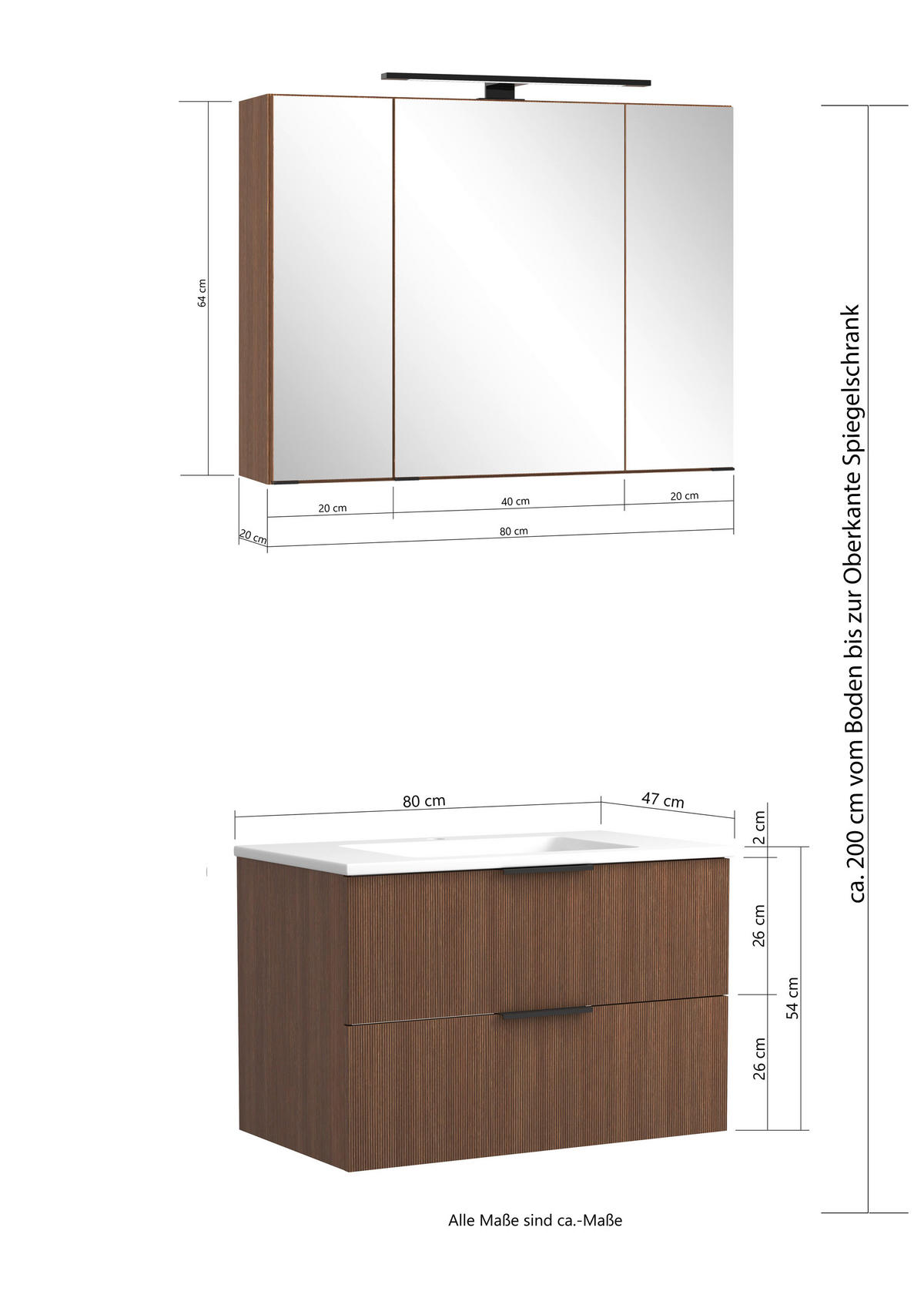 BADEZIMMER 3-teilig  in 80 cm  - Dunkelbraun/Schwarz, Natur, Glas/Holzwerkstoff (80cm) - Held