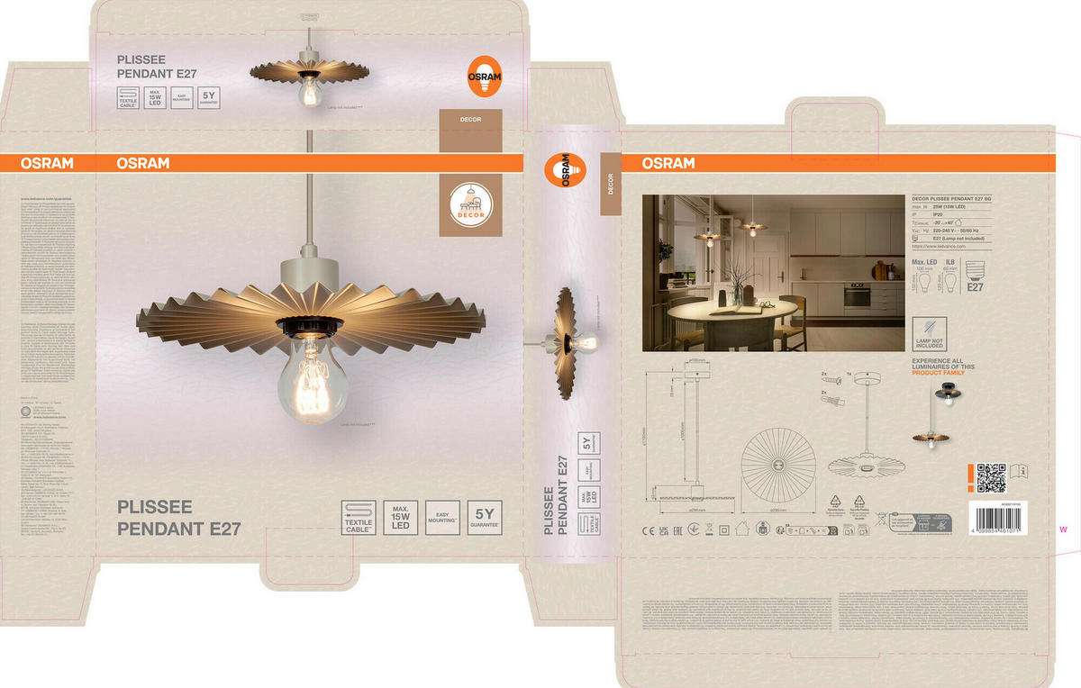 HÄNGELEUCHTE 29.5/110 cm  - Beige, Basics, Metall (29.5/110cm) - Osram