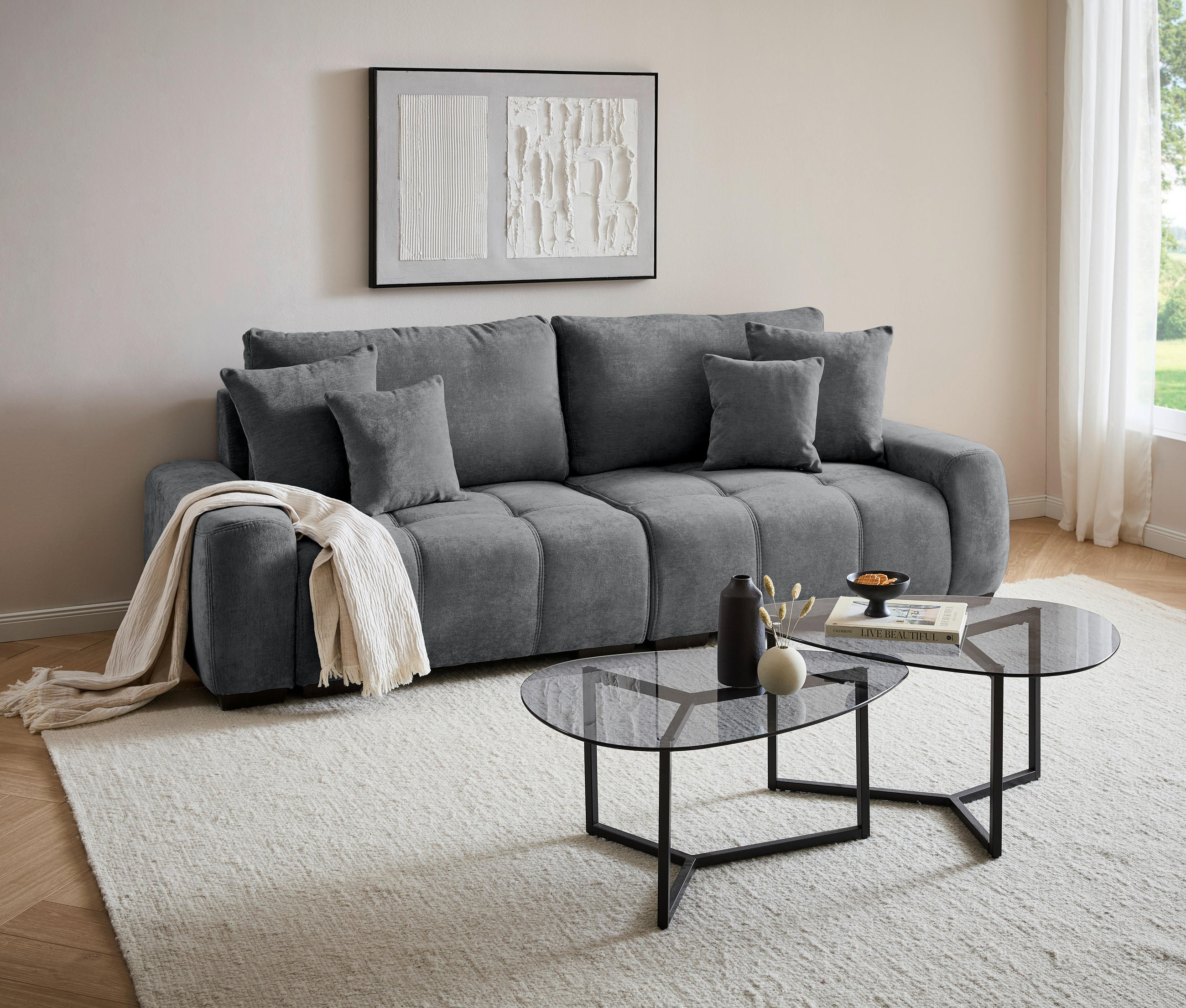 BIGSOFA in Chenille Dunkelgrau  - Dunkelgrau/Dunkelbraun, KONVENTIONELL, Kunststoff/Textil (250/100/90cm) - Carryhome