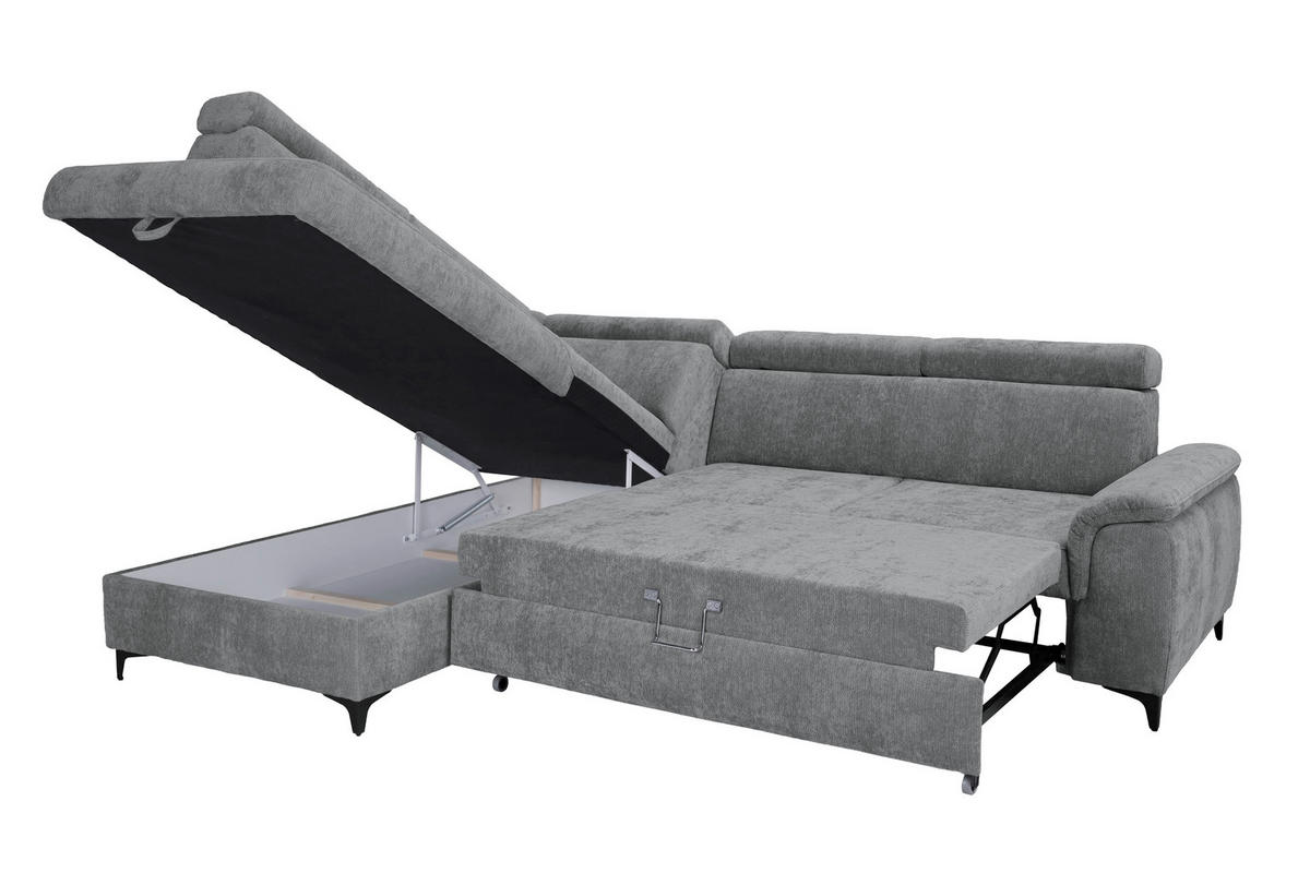 ECKSOFA Dunkelgrau Chenille Bettkasten, Schlaffunktion, Rücken echt, Kopfteilverstellung, Liegefläche im Originalstoff  - Dunkelgrau/Schwarz, KONVENTIONELL, Textil/Metall (206/265cm) - Carryhome