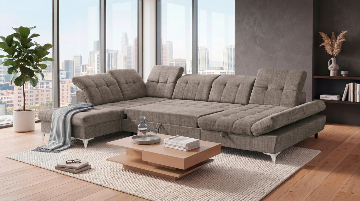 WOHNLANDSCHAFT Mikrovelours Braun  - Kaschmir/Braun, Modern, Kunststoff/Textil (245/348/168cm) - MID.YOU